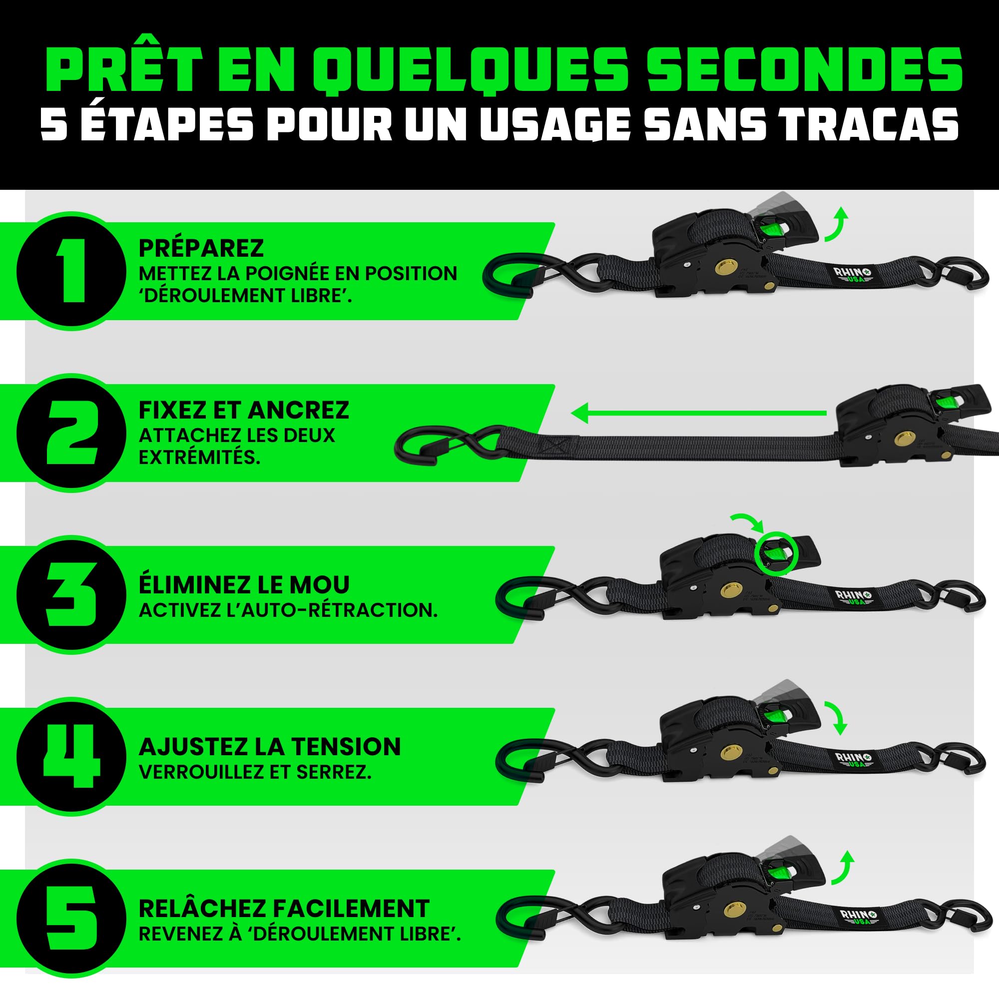 Rhino USA Sangles à Cliquet Rétractables (Lot de 2) - 2.5cm x 3m (540kg Résistance à la Rupture) - Sangles d’Arrimage Automatiques et Robustes pour Camion, Remorque, Moto, Vélo & Plus - Noir