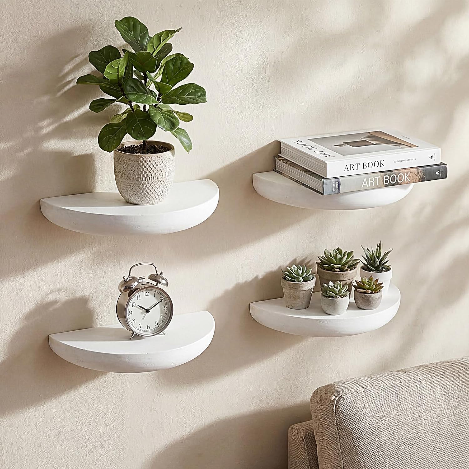 4 Pcs Solid Wood Half Round Floating Wall Shelves, Elegant Floating Wooden Shelves, 8.27 Inch Wall Shelf for Living Room, Bathroom, Bedroom, Offices, Pictures Plant Book(Light Brown)