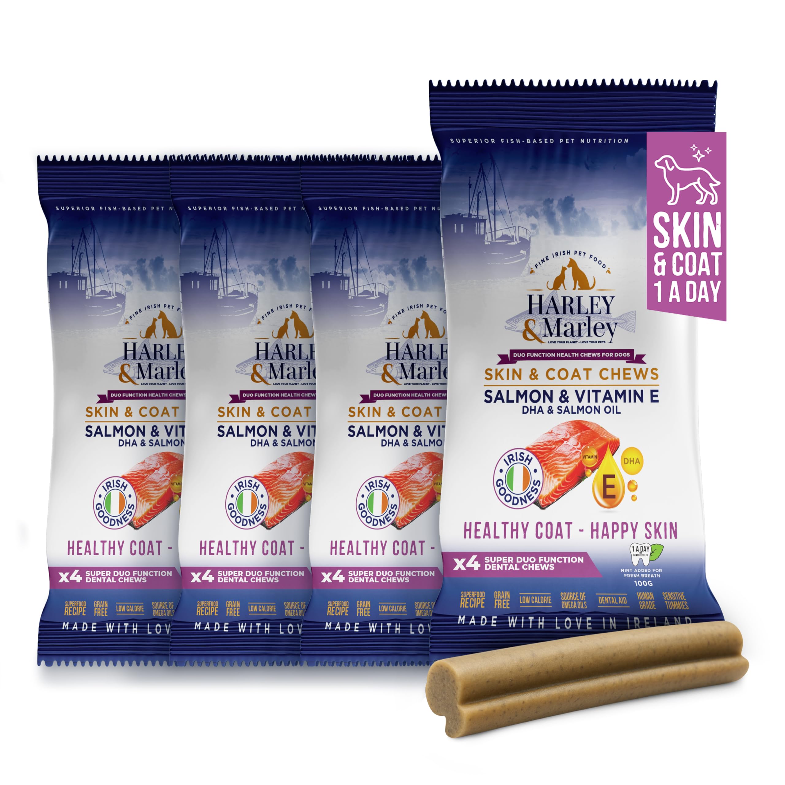 Harley & Marley Skin & Coat Duo Function Health Chews - Natural Dog Skin and Coat Supplement with Salmon, Vitamin E & DHA - Promotes Coat Shine & Supports Teeth & Gums - 4pk (4/pk)