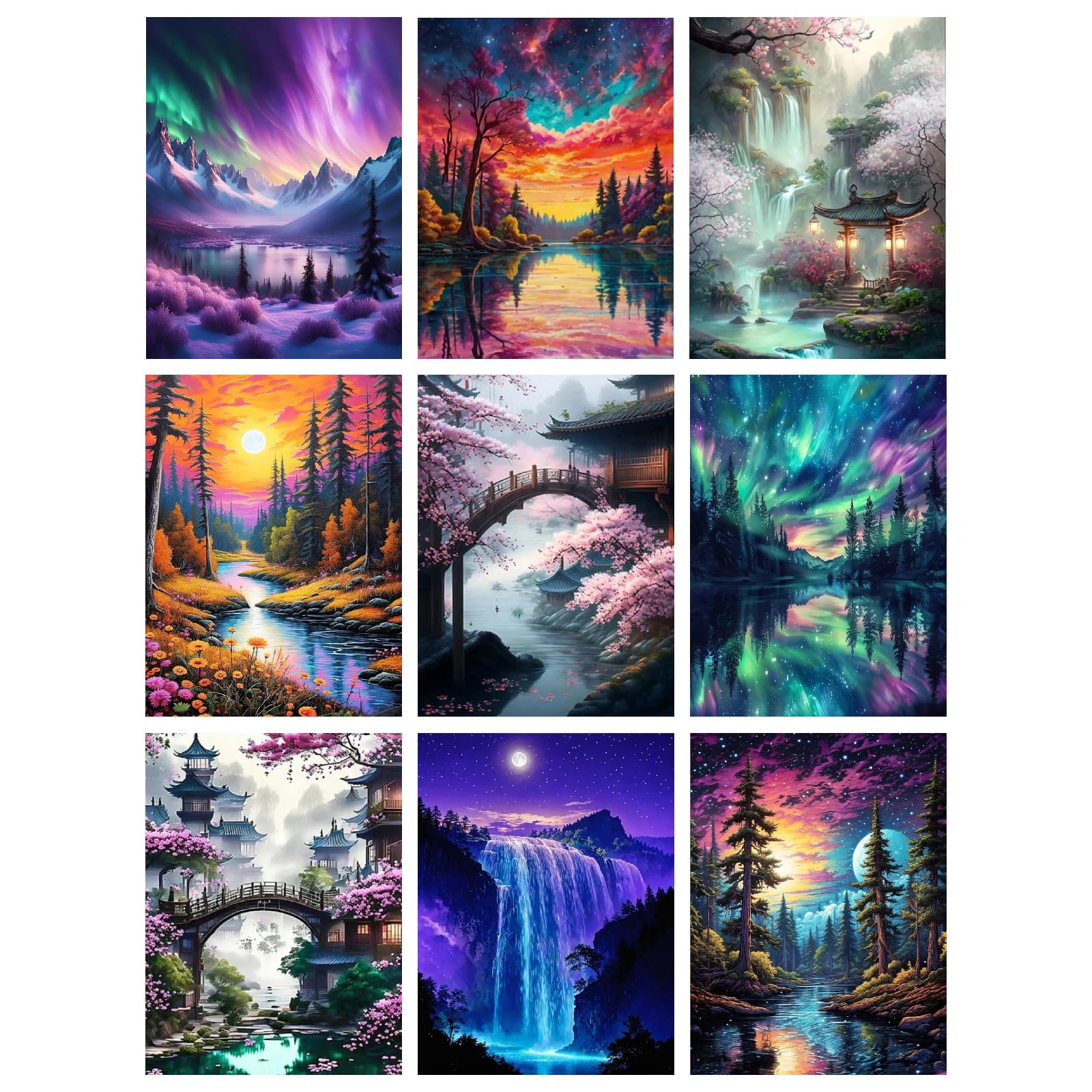 Mupmod 9 Pack Diamond Painting Kits for Adults, 5D Landscape Diamond Art Painting Kits for Adults Beginner, Adult Diamond Art, DIY Aurora Full Drill Diamond Dots for Home Wall Decor 12X16 Inch โ image 1