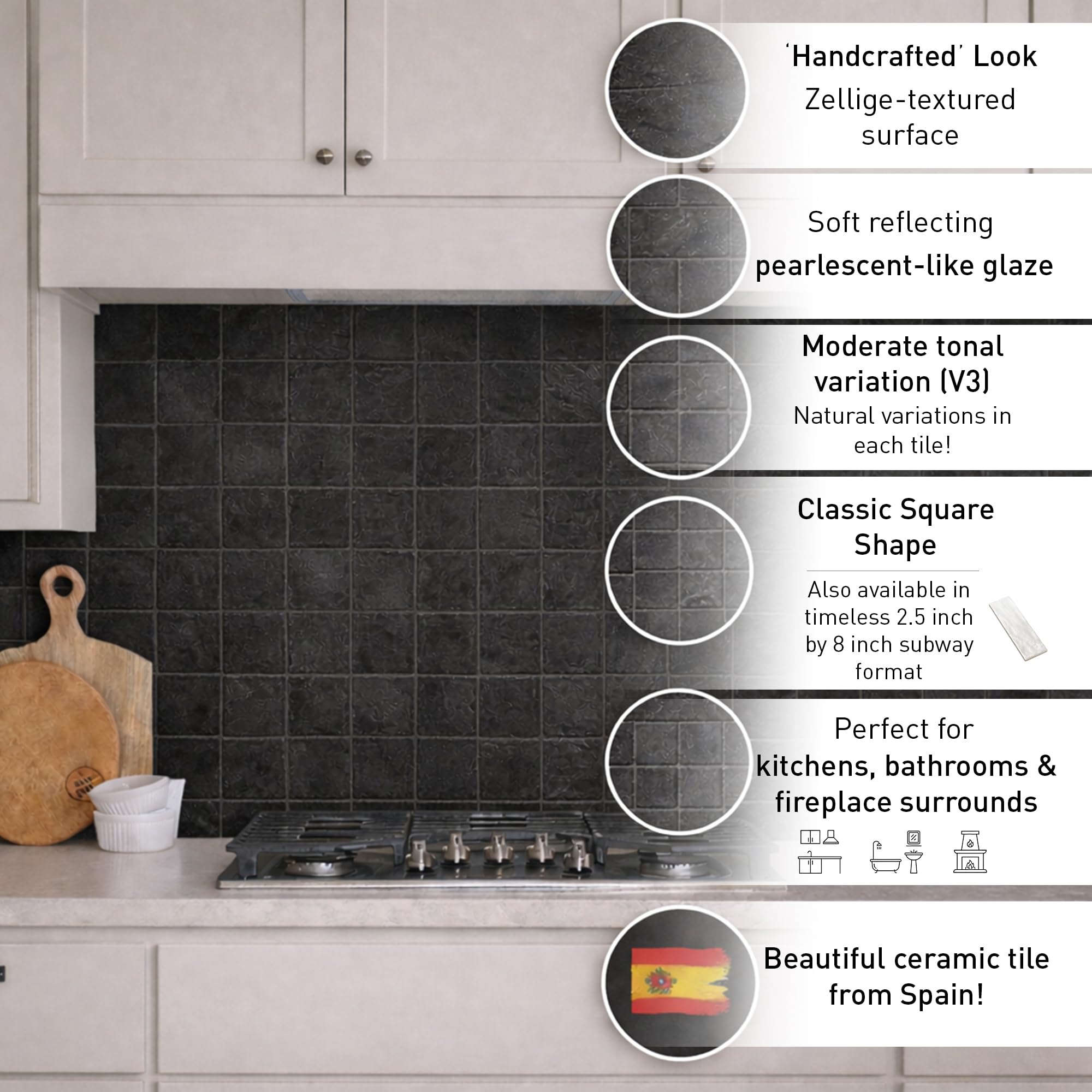 Caixa com 60 azulejos de cerâmica estilo Zellige, preto fosco, 10