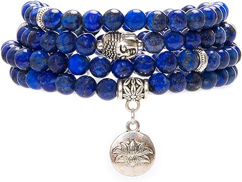 Bivei Collar de cuentas de Mala, 108 pulseras largas con cuentas de perlas auténticas, cuentas de oración de Mala de loto y Buda, collar de