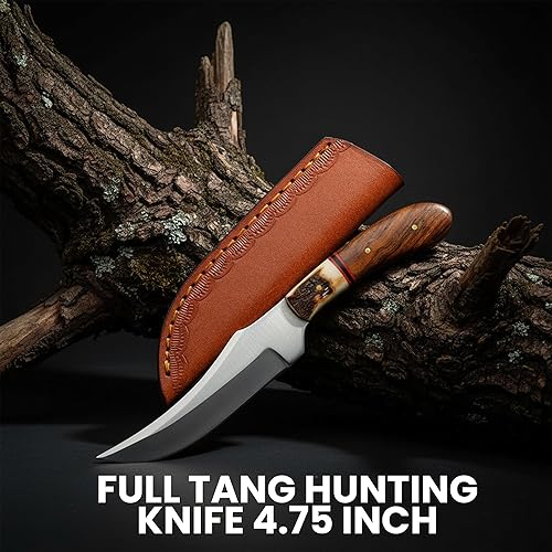 Vista 2 de SZCO Cuchillo de caza Full Tang de 4.75 pulgadas, cuchillo de campamento pequeño con mango de madera, hoja de acero inoxidable y funda, cuchillo