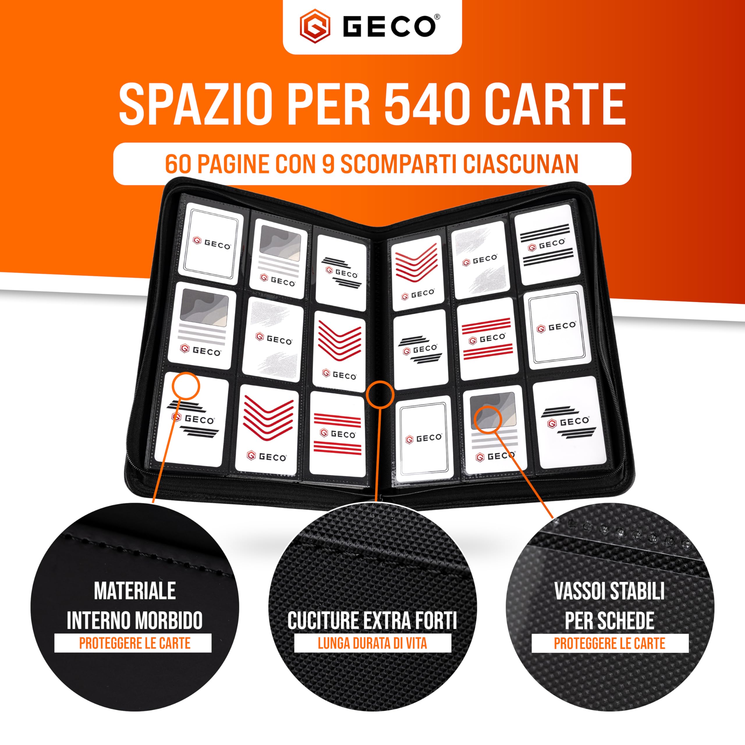GECO Album Carte Collezionabili 9 Tasche Premium con Cerniera – 540 Carte – Raccoglitore 30 Pagine Caricamento Laterale – Binder Trading Cards (Nero)
