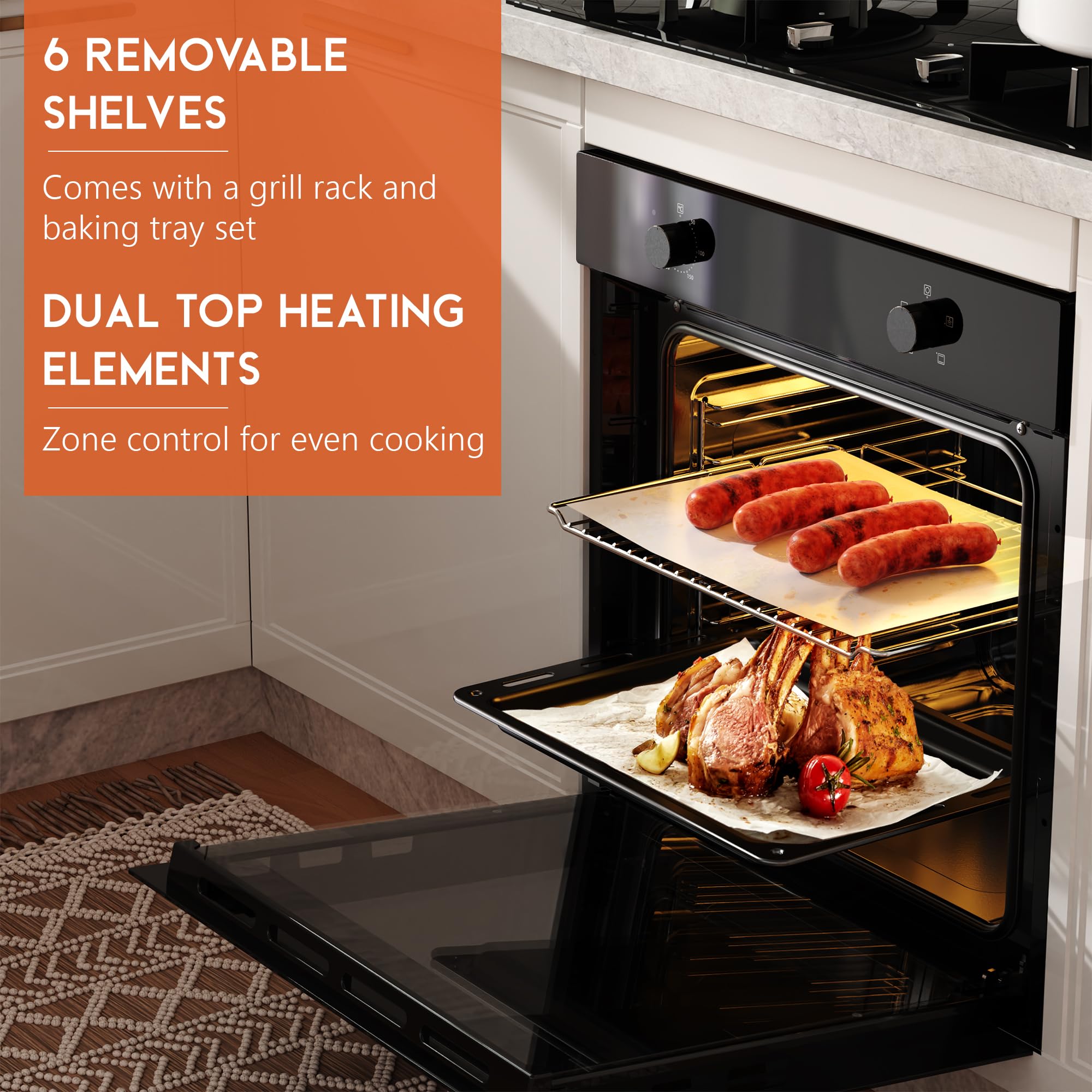 Four Encastrable 60CM, Four Grande Capacité 65 Liters avec Prise, 2200W, 4 Fonctions, Bouton Rotatif Mécanique, Double Tube Supérieur, Ventilateur de Refroidissement Einbaubackofen 60cm