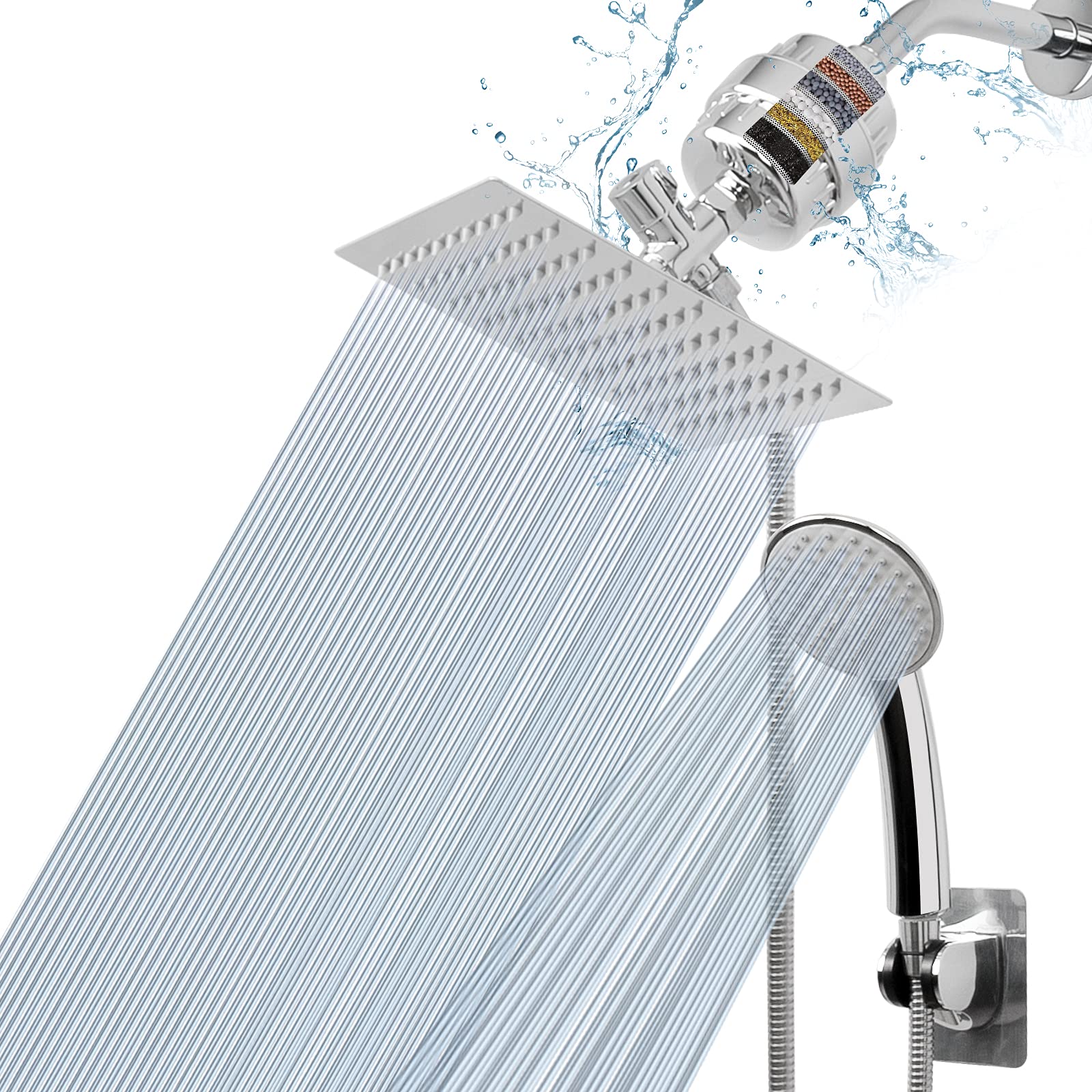 NearMoon Filtered Shower Head , High Pressure 8?Square Rain Shower Head and 5 settings Handheld Shower Filter Combo with Self-adhesive Holder/1.5M Hose -1 Replaceable Filter Cartridge (Chrome Finish)
