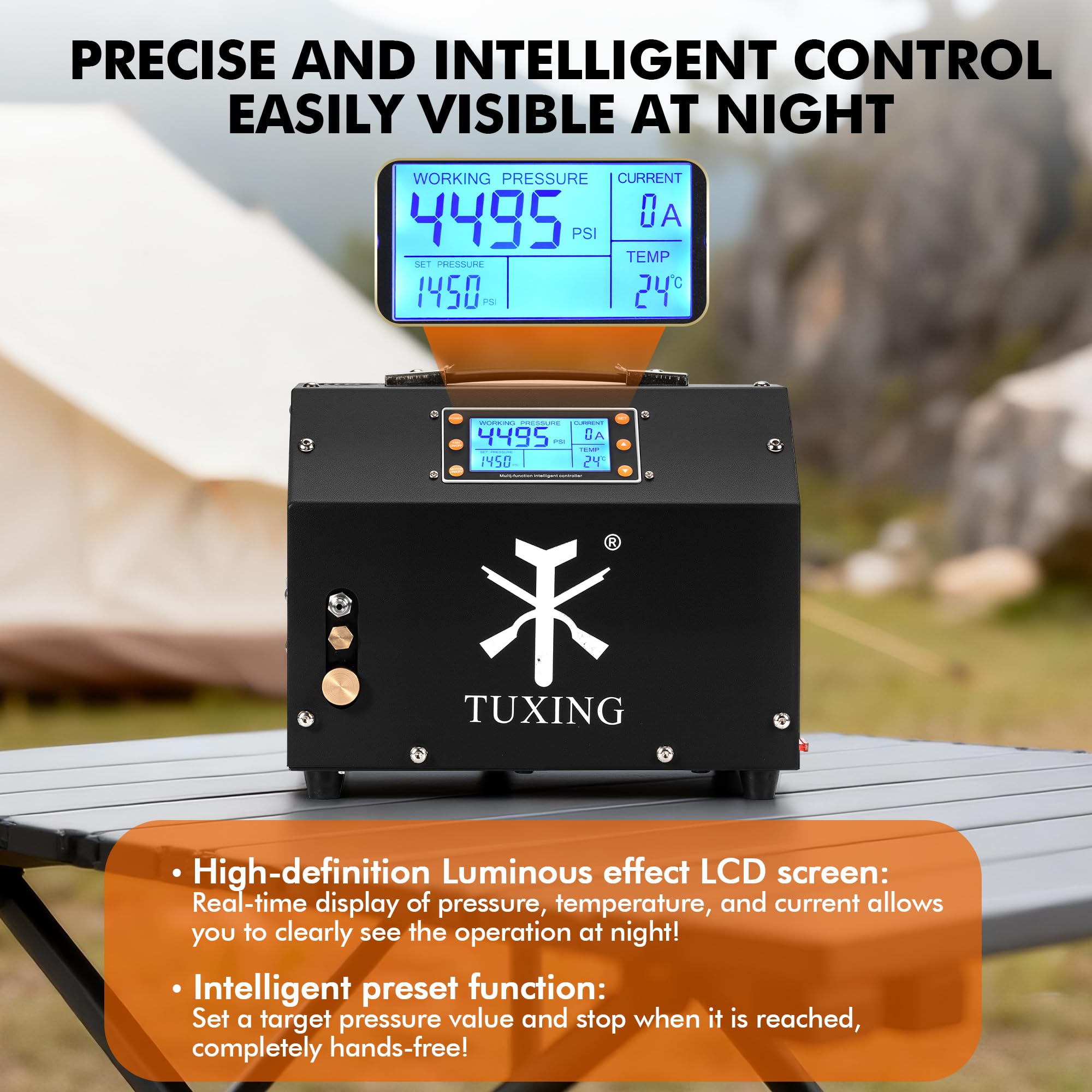Compresor de Aire PCP TUXING de 4500 PSI, Versión con Pantalla LCD, Parada Automática, sin Aceite ni Agua, Transformador Integrado y Sistema de Drenaje para Rifles y Pistolas de Aire Comprimido PCP