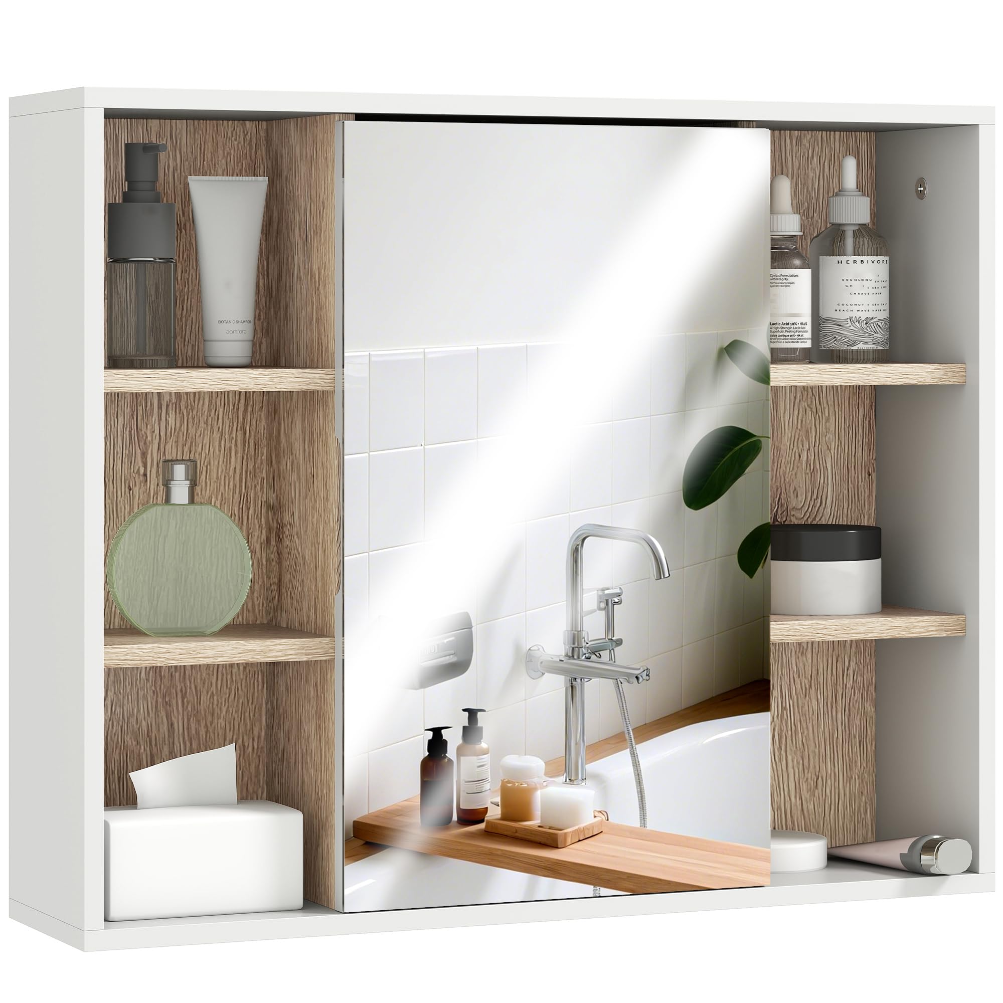 HOMCOM Bathroom Mirror Cabinet, Wall Mounted Storage Cabinet with Open Cupboard and Adjustable Shelf, White