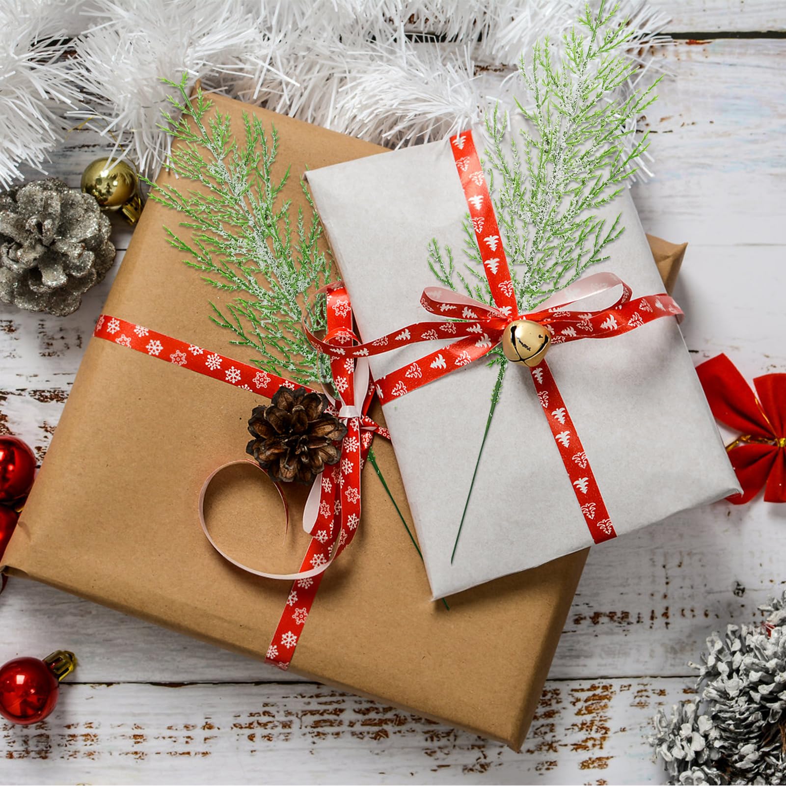 DILIBRA 72 Stück künstliche schneemattierte Tannenzweige, Weihnachtsgrünstiele, künstliche Tannenzweige zum Selbermachen, schneebedeckte Kiefernstiele für Girlande, Kranz, Handwerk, Zuhause, Küche,