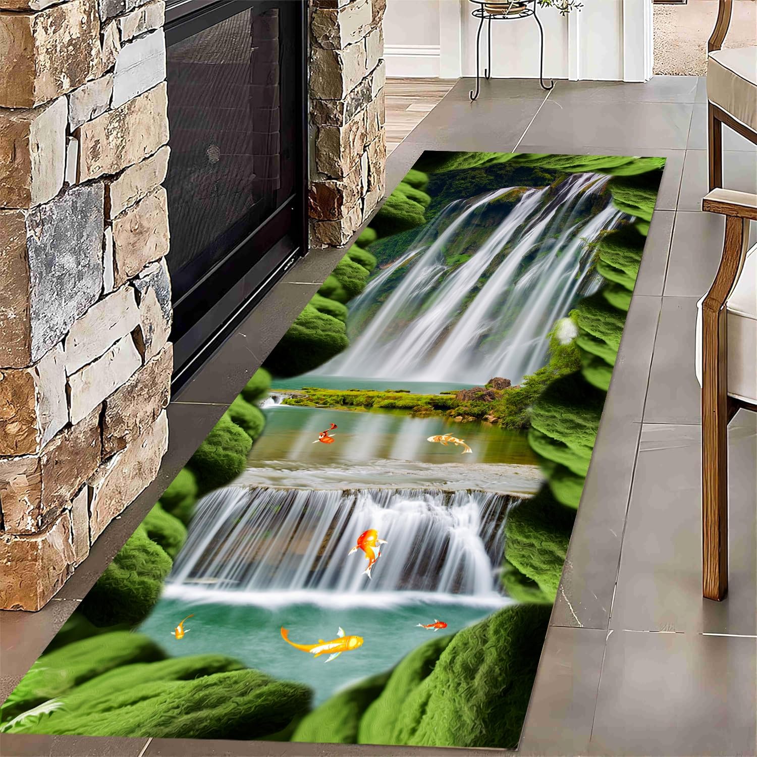 3D Optical Illusion Runner Rug,100x300cm, Green Moss Waterfall River Goldfish Landscape Corridor Carpet, Non-Slip Washable Indoor Long Runner Rugs for Entrance Living Room Bathroom Laundry Room