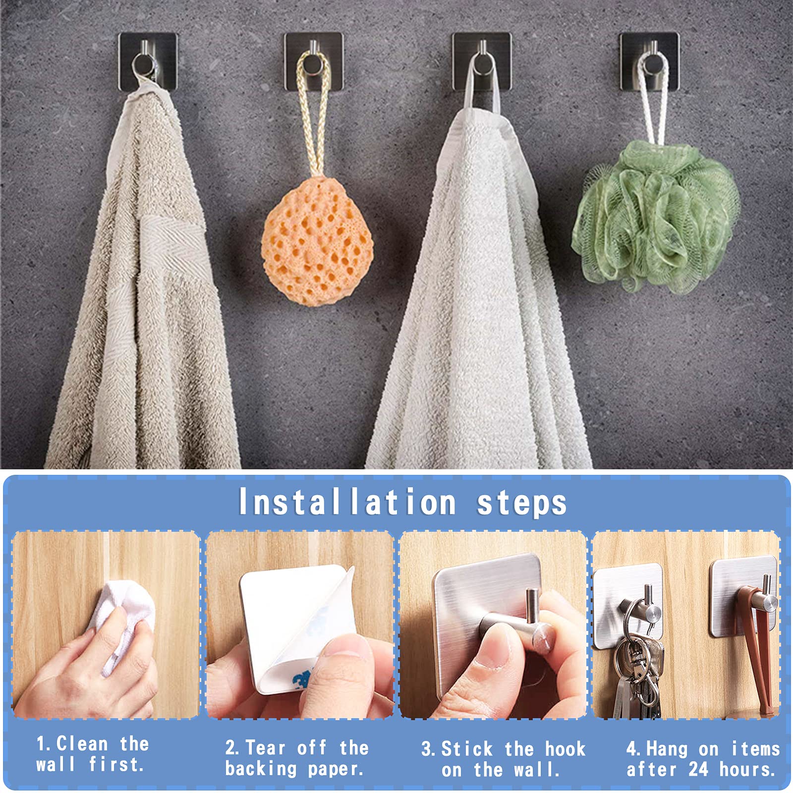 Ganci Adesivi 3M Da Bagno E Cucina - 8 Pezzi In Acciaio Inox, Portata 8kg, Impermeabili