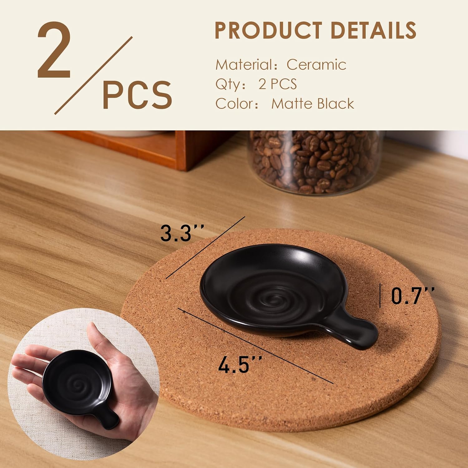Small Coffee Spoon Rest Set, Ceramic Tea Spoon Holder, Set of 2 Matte Black image 2