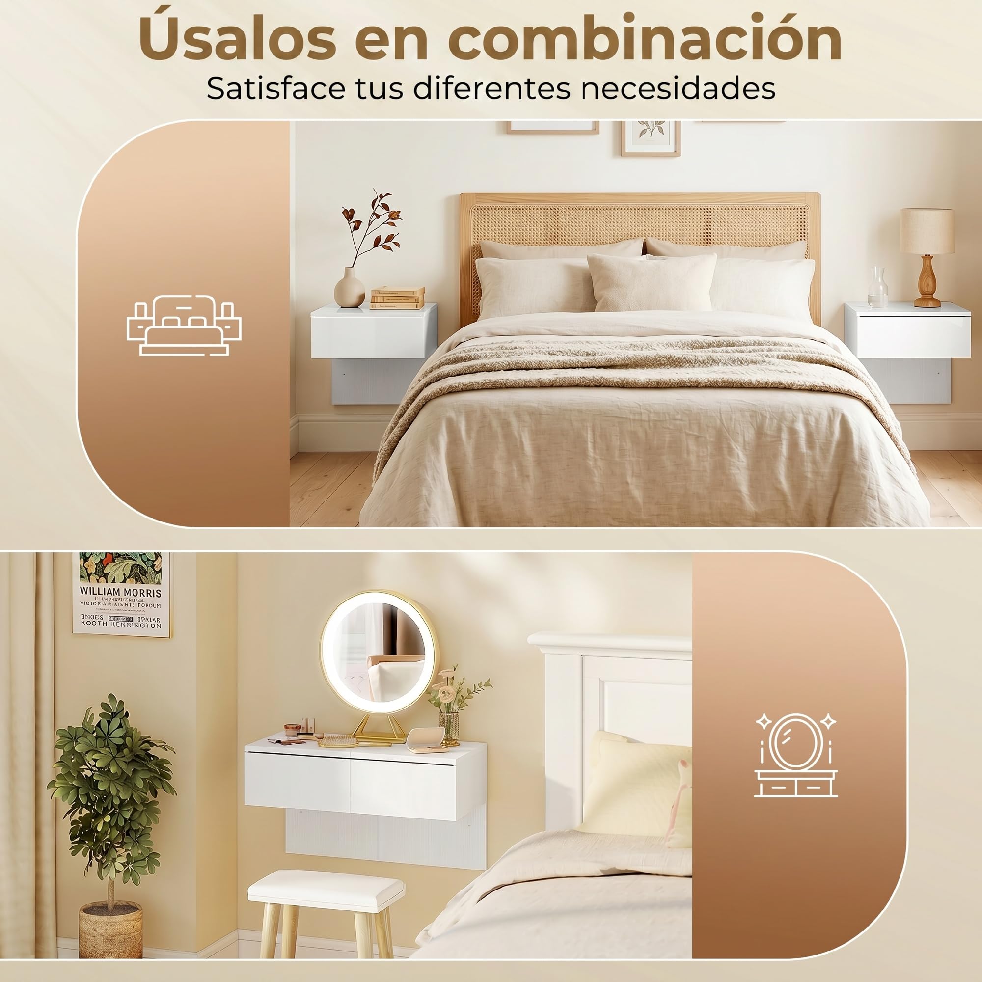 HOMCOM 2 Mesitas de Noche Flotantes con Cajón 40x35x36,2 cm Blanco Brillo