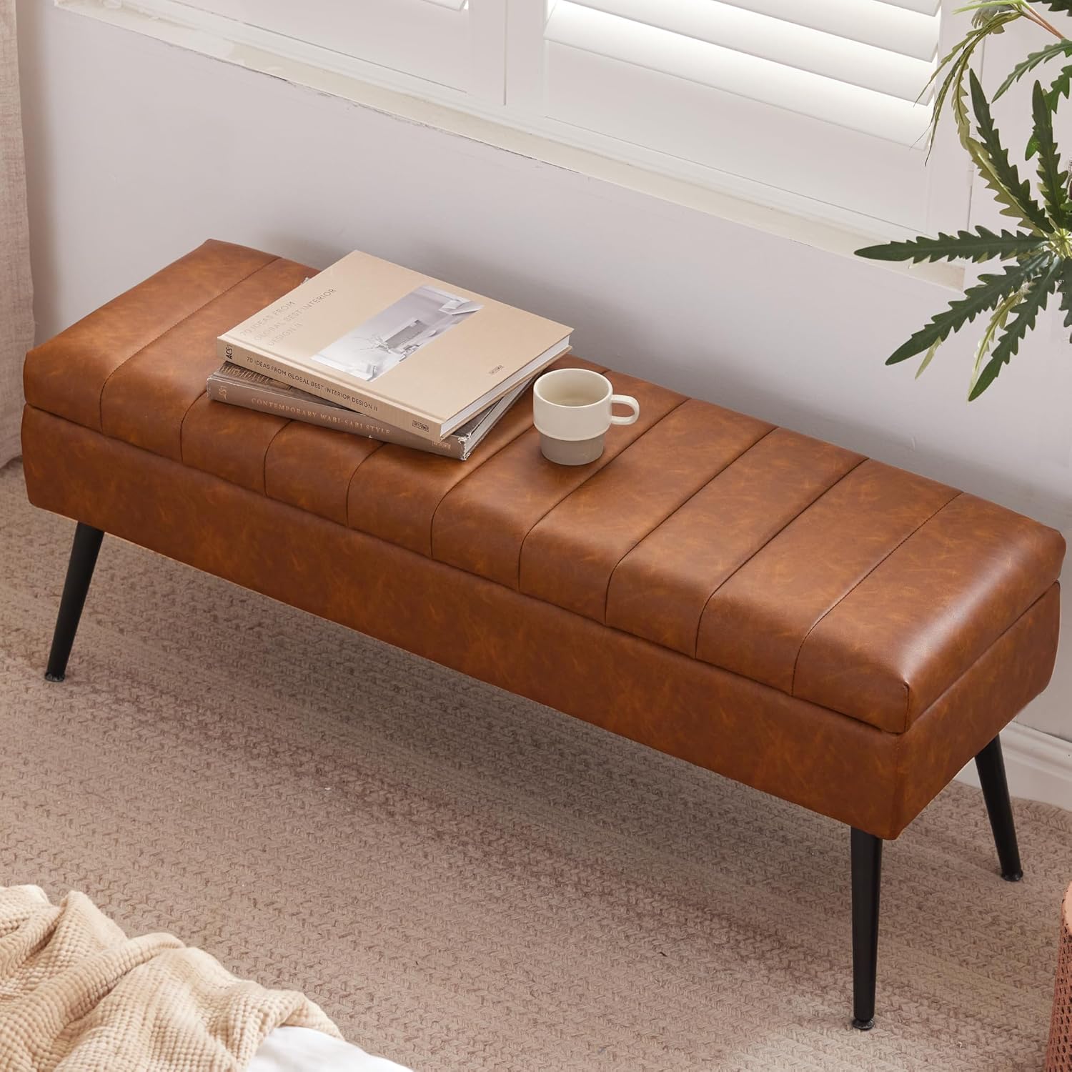 CUYOCA Storage Ottoman Bench, 43.5" Faux Leather Upholstered Entryway Bench, Long Ottoman with Storage for Living Room, Support 660lbs - Cognac Brown