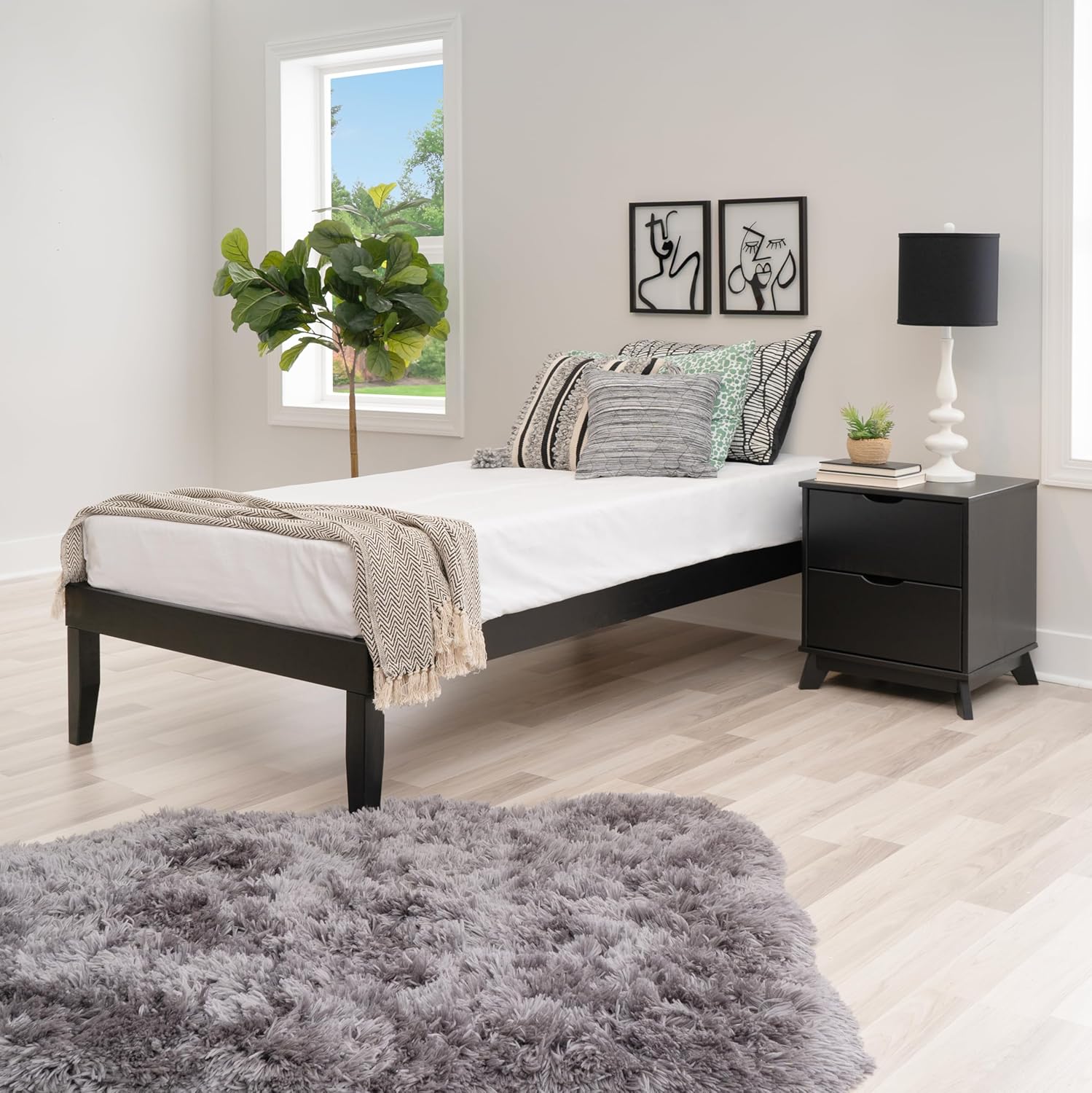 Powell Fordham Black Solid Pine Wood Twin Sized Platform Bed with Two Drawer Nightstand