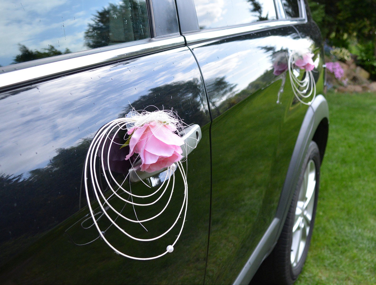 Autoschmuck Autodeko Hochzeit 9 Rosen Dekor Verschieden Farben Komplett Rattan (Blumenstrauß - Rosa, Rosa)