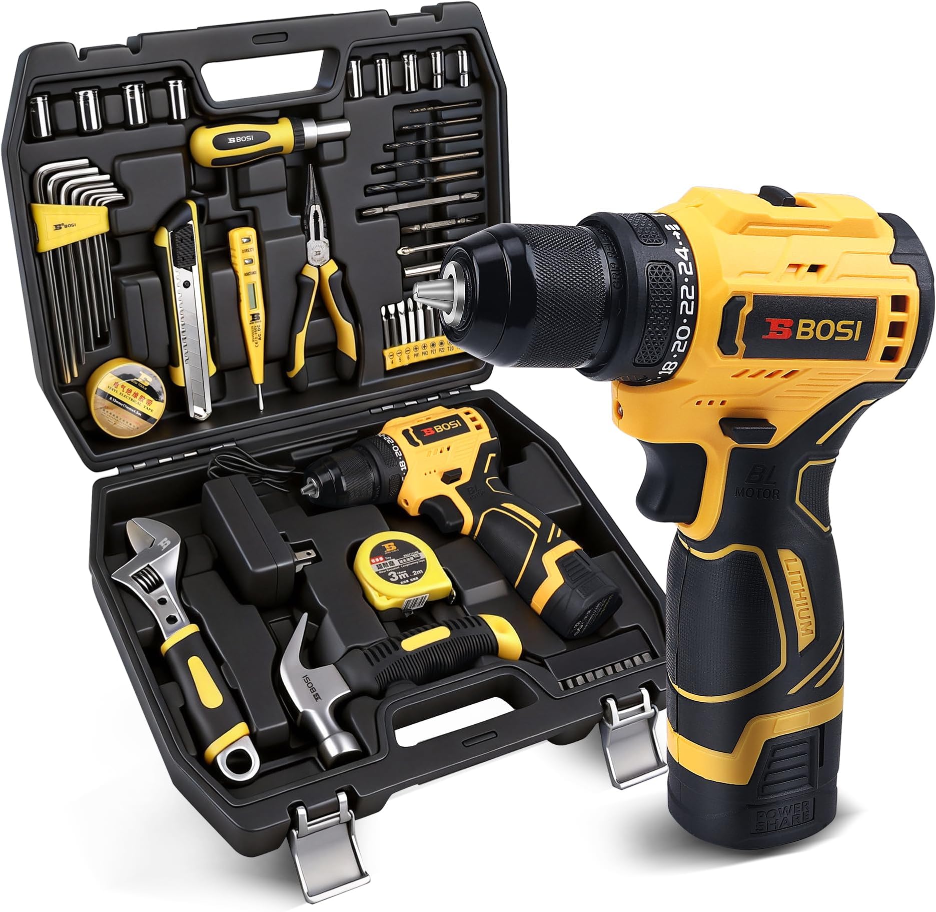 - Drill Tool Set, 58PCS Power Tool Box with 16V Electric Cordless Drill Driver/Battery/Charger, 3/8” Keyless Chuck, 2 Variable Speed, 24+1 Torque Position, Ideal for home Improvement/DIY