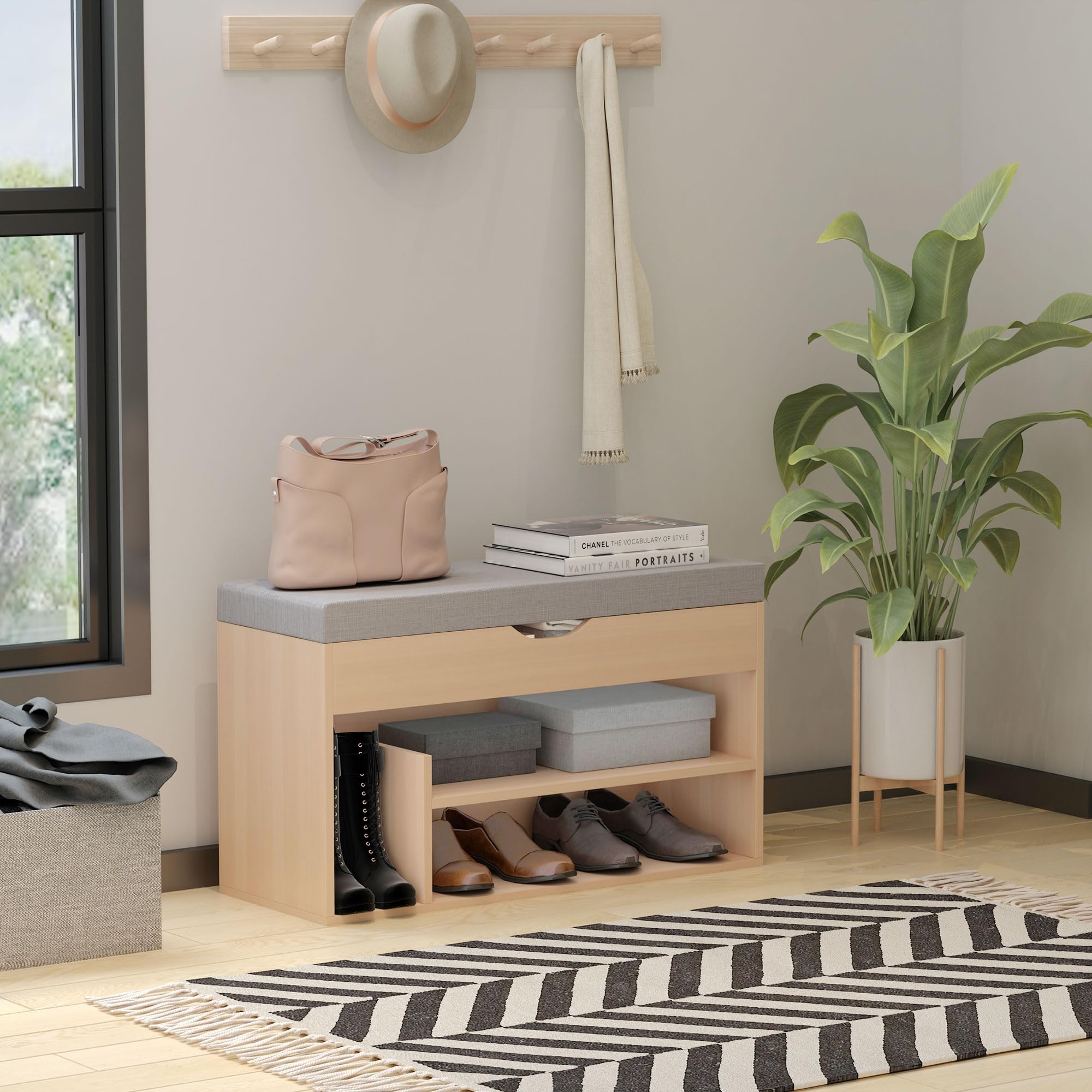 HOMCOM Meuble Chaussures Banc à Chaussures 2 Niveaux Coussin Beige Gris