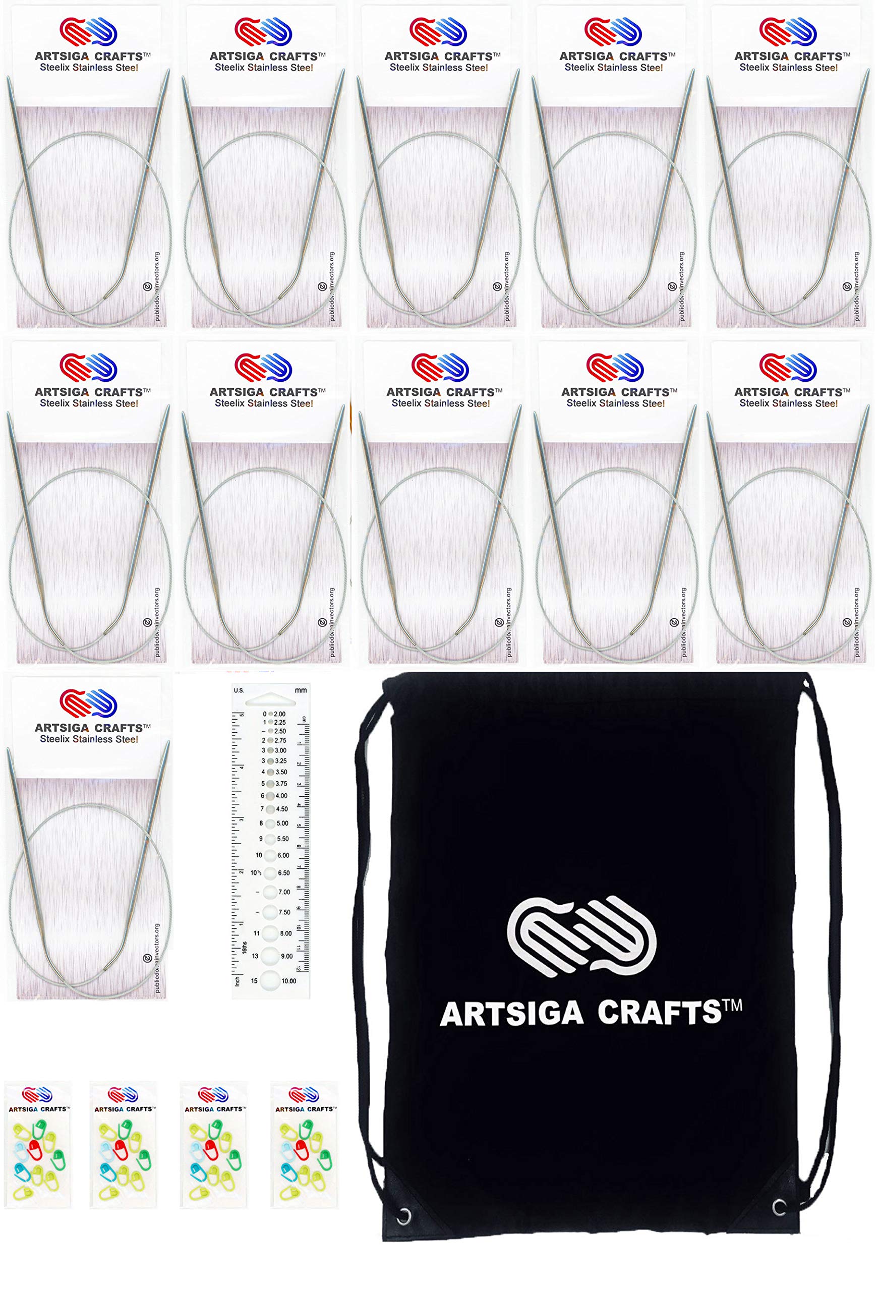 Artsiga CraftsSteelix Circular Knitting Needles Complete Sets Bundle with Project Bag and Stitch Holders 24-inches ARTC-444-Set-C-24