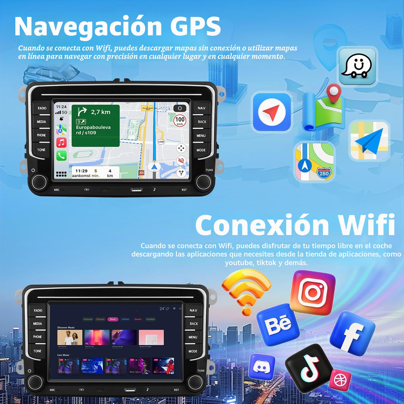 CarPlay Radio Coche para VW/Seat/Skoda con Inalámbrico Android Auto, 7" [2+64G] Bluetooth Android Pantalla Táctil con Bluetooth/EQ/GPS/WiFi/HiFi/FM/RDS/SWC/Siri+Mic+Canbus+Cámara Trasera