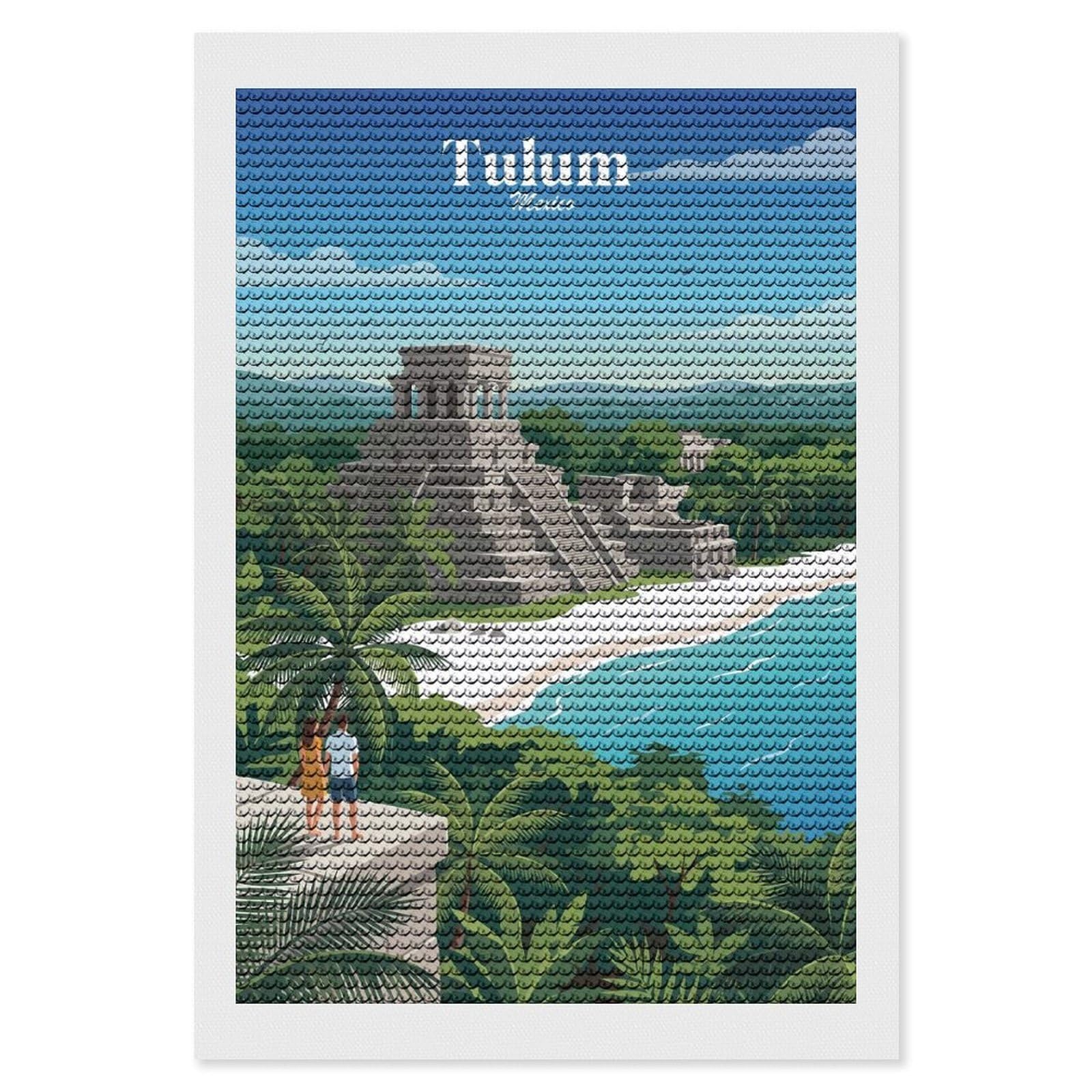 Junmoney Tulum Mexico Mayan Ruins Beach Diamond Painting Set 8"x12", Neat Printed Canvas, with Tool Kit, Bedroom Decor, Gift Idea, Complete Accessories