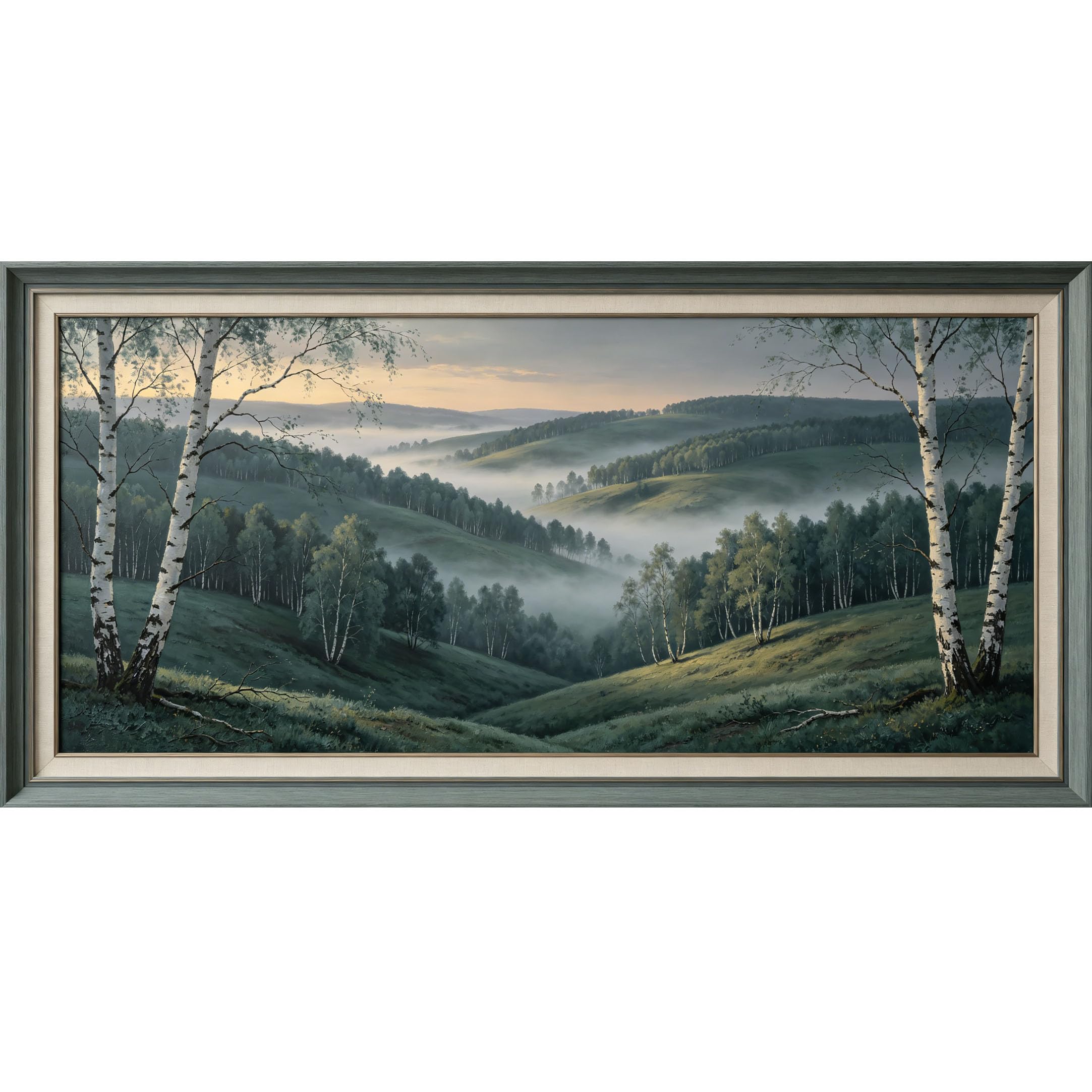 Agglomerix 3D Framed Wall Art Birch Tree Landscape Oil Painting Misty Valley Forest Nature View Large Size SelfAdhesive Removable Wall Decor Prints Artwork for Living Room Bedroom Office