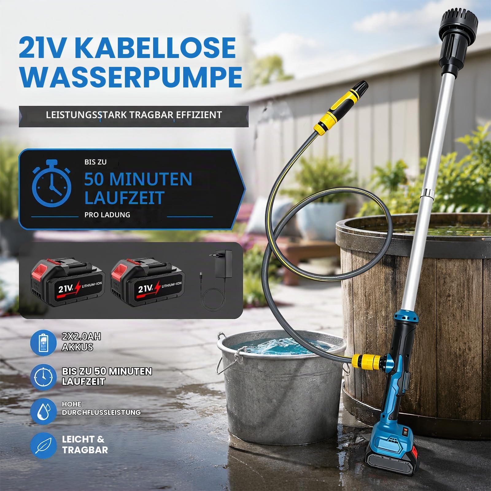Akku Regenfasspumpe Kompatibel mit Makita 18V, Kabellose Stab-Wassertransferpumpe 3000 L/h, 6m Förderhöhe,Bürstenlos Tragbare Sumpfpumpe Für Pool/Garten/Teich/Wohnmobil/Boot (2 Akku)