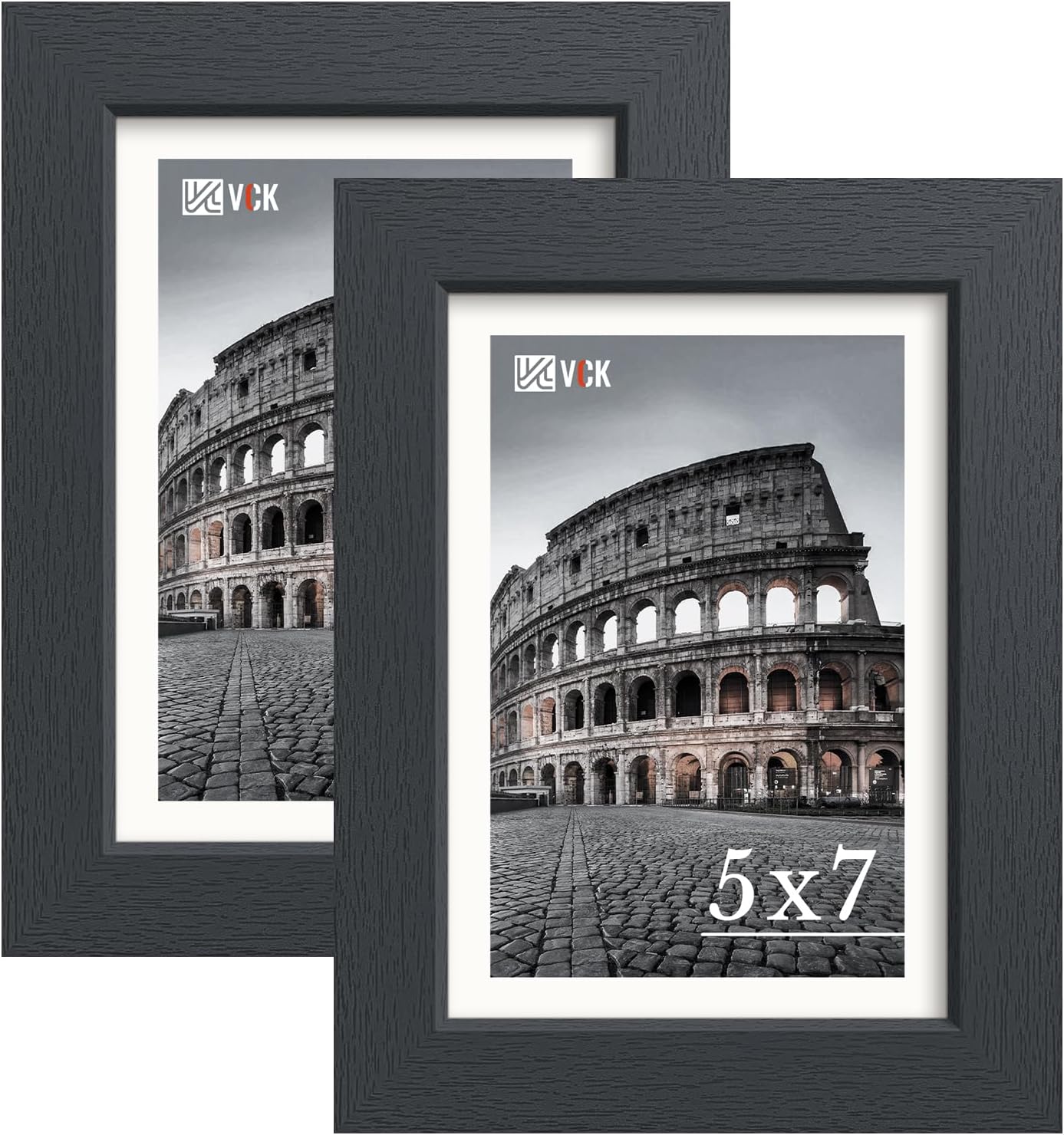 VCK 5x7 Picture Frame Black - 2 Pack, 1.1-Inch Wide Wood Frame with Wood Grain Finish, Shatter-Resistant Plexiglass, for Horizontal/Vertical Tabletop & Wall Hanging in Home, Office, or Gallery
