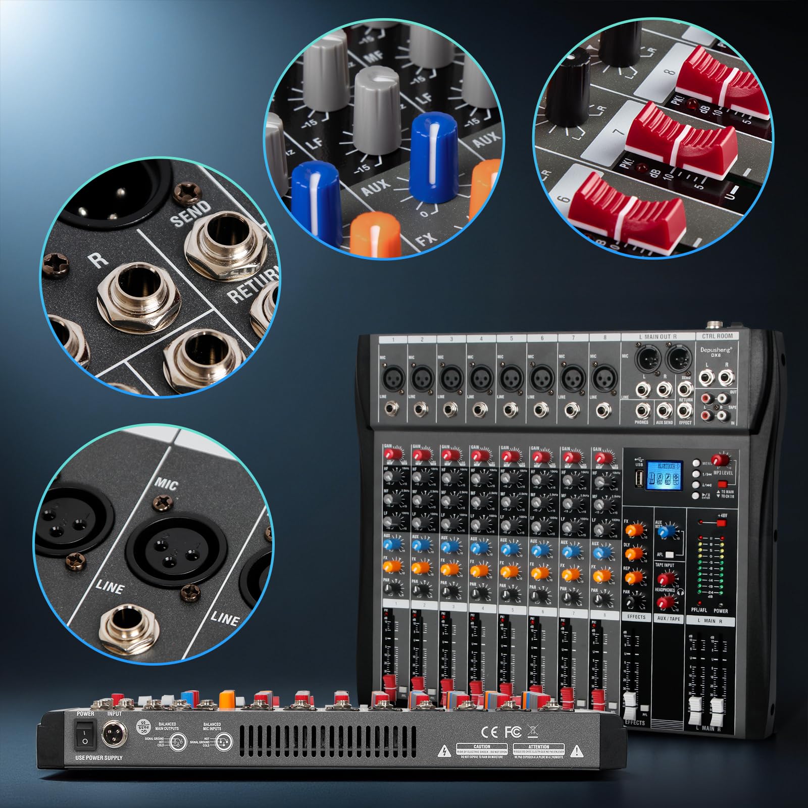Depusheng DX8 Professioneller Mixer Soundboard Konsole 8-Kanal Tischsystem Schnittstelle Digital USB MP3 Bluetooth Eingang 48V Phantomspeisung Stereo DJ Studio FX Stahlgehäuse Audio Mixer für PC