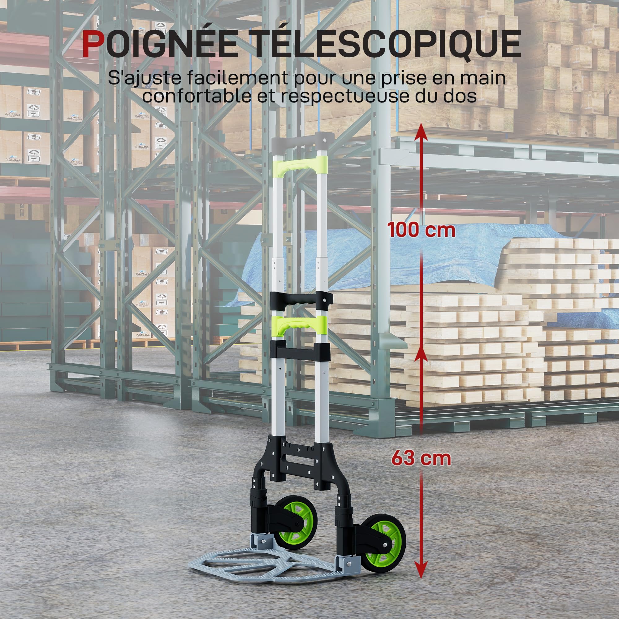 HOMCOM Diable Pliable, Diable Demenagement Robuste en Aluminium avec 100 cm Poignée Télescopique, Charge 70kg, Chariot de Transport pour Entrepôt, Aéroport, Objets Volumineux & Lourds, Vert