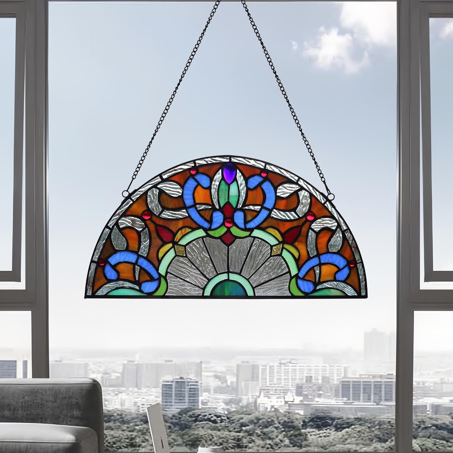 YOURANJU Half Moon Stained Glass Window Hanging Tiffany Style 16" x 8" Half-Round Window Panel Housewarming Gift Living Room Bedroom Kitchen Window Decorative Hangings with Chain (Baroque)