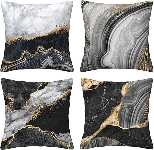 Juego de 4 fundas de almohada con textura de mármol negro, gris y dorado, fundas de almohada abstractas de lujo, fundas de cojín cuadradas