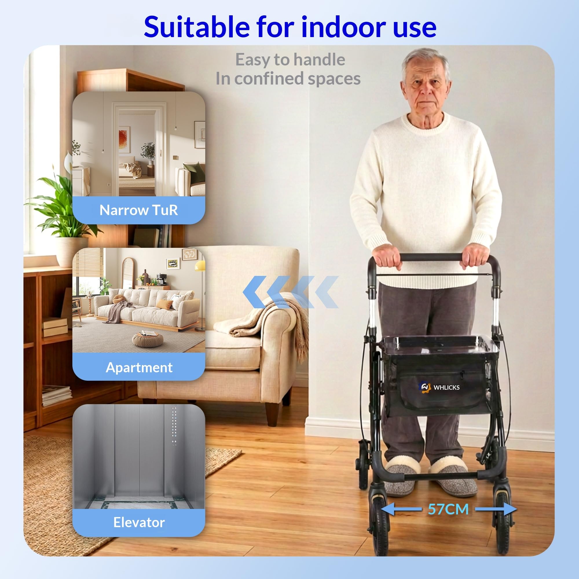 Andador compacto para interior, plegable y ligero con bandeja, auxiliar de movilidad para adultos mayores en aluminio, con cesta, maniobrable para hogar