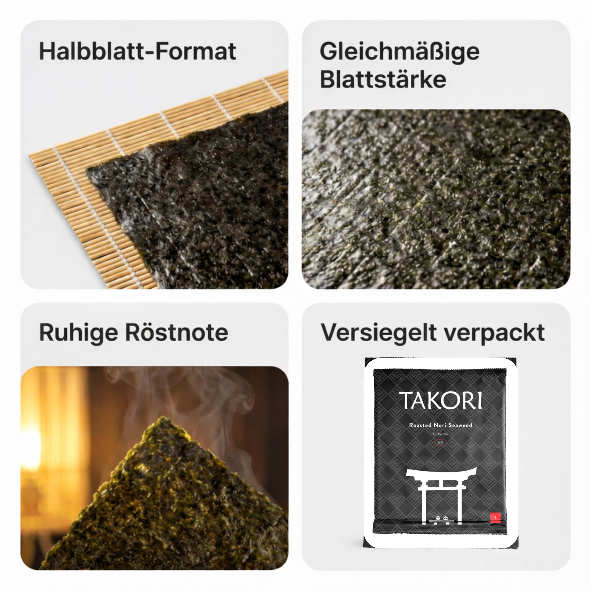 Takori Nori Blätter Original Halb 10x 100 Blatt für Sushi, Maki und Onigiri, gerösteter Nori-Seetang, gleichmäßige Textur, vegan und glutenfrei