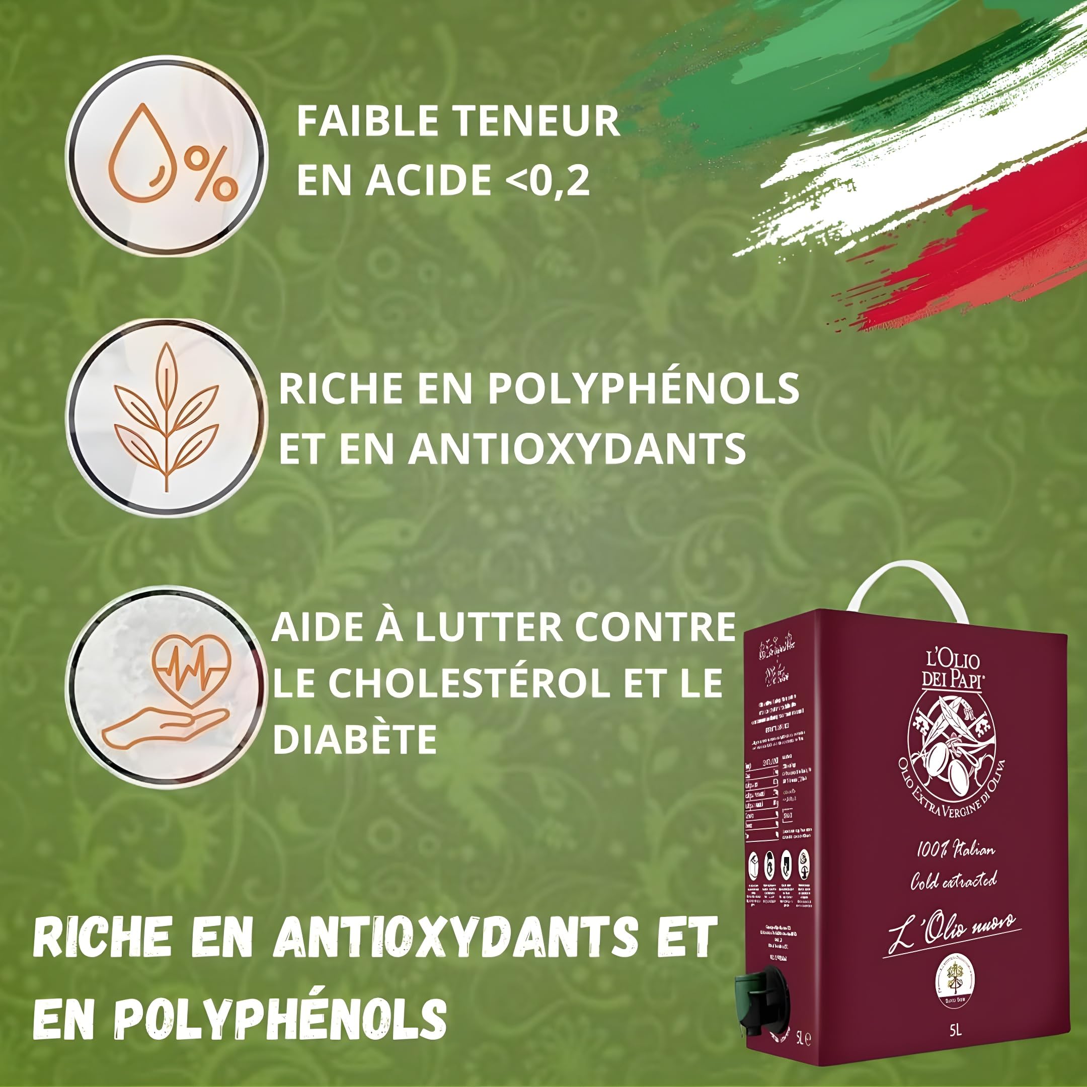 L'Olio dei Papi, Huile d'Olive Extra Vierge Italienne, 100% Italienne, Pressée à Froid, 5L, Récompensée de Médailles d'Or et d'Argent, Bag in box