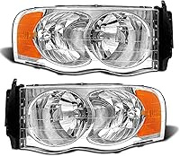 ADCARLIGHTS Chrome Headlight Assembly for 2002-2005 Dodge Ram 1500 & 2003-2005 Ram 2500/3500 - Clear Lens, Amber Reflector, Left/Right Pair