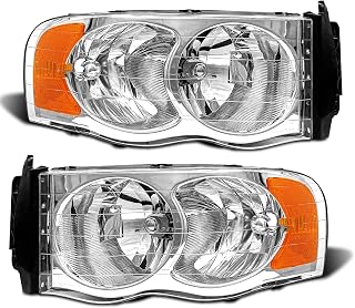 ADCARLIGHTS Chrome Headlight Assembly for 2002-2005 Dodge Ram 1500 & 2003-2005 Ram 2500/3500 - Clear Lens, Amber Reflector, Left/Right Pair