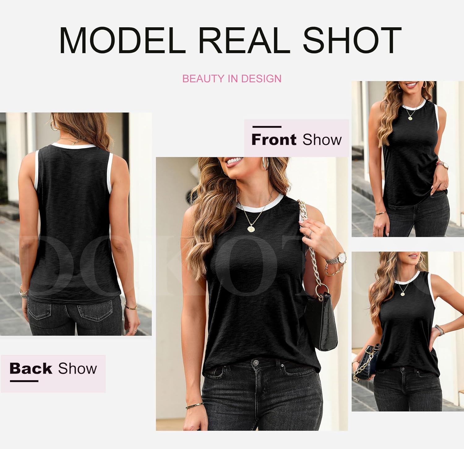 Dokotoo Tank Top for Women Dressy Casual Fashion Round Neck Sleeveless Lightweight Loose Fit Color Block Shirts Cute Solid Cozy Blouses Sexy Elegant Summer Tunic Womens Tops Black XL - Image 4