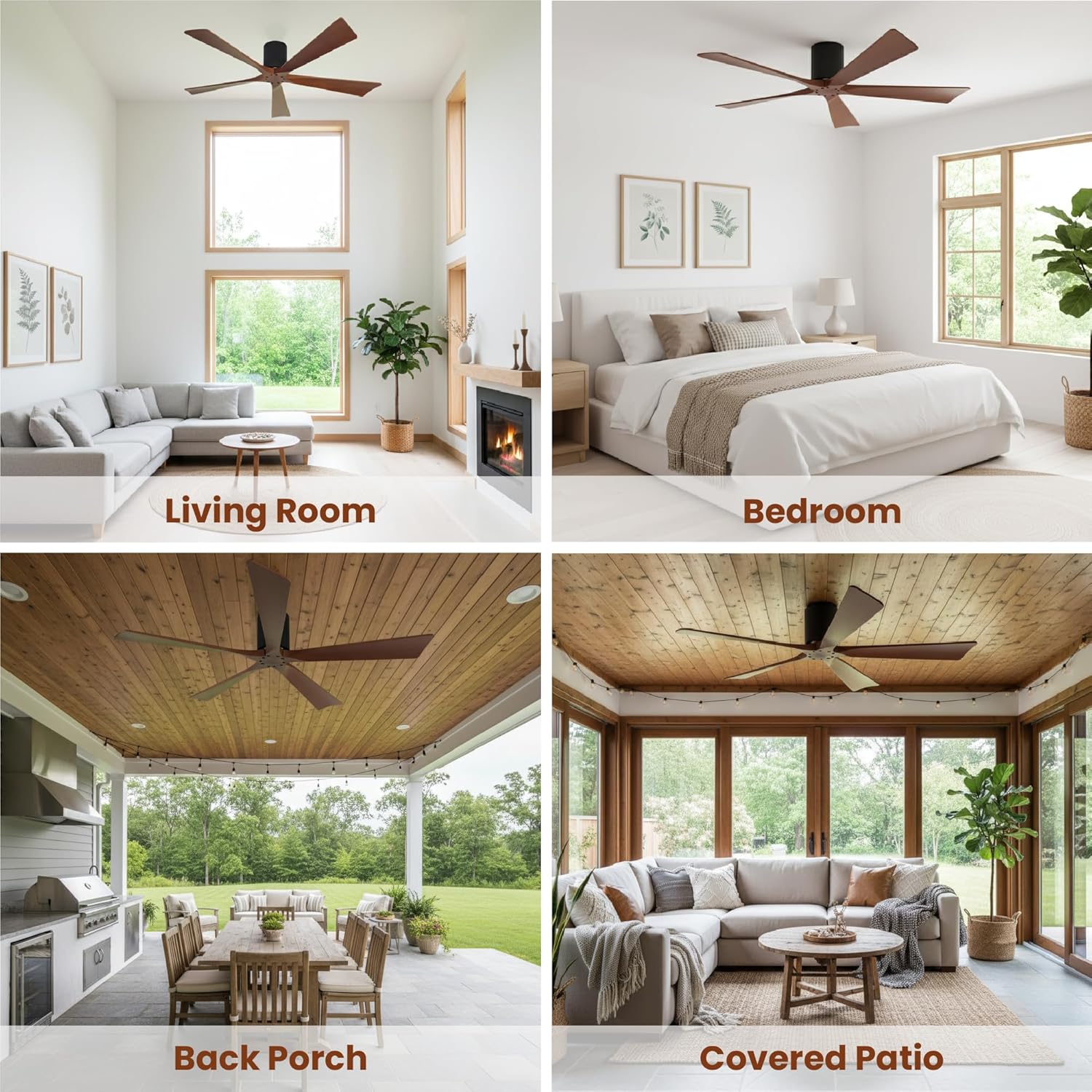 52 Inch Ceiling Fan Without Light, 5 Reversible Solid Wood Blades, Quiet 6-Speed Remote Control, Modern Noiseless Ceiling Fan for Indoor Use, Living Room, Kitchen, Bedroom