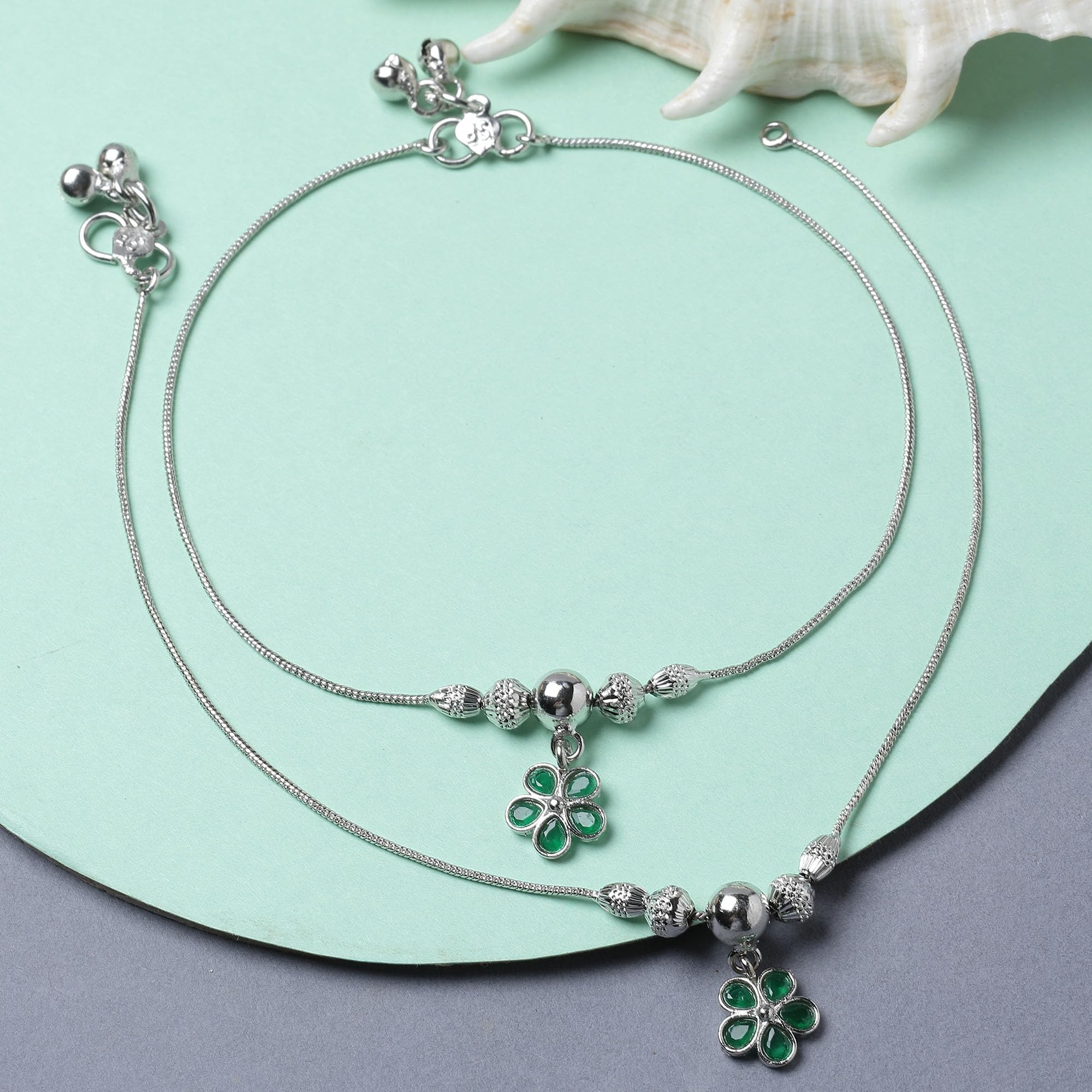 Set Of 2 American Diamond Floral Anklets