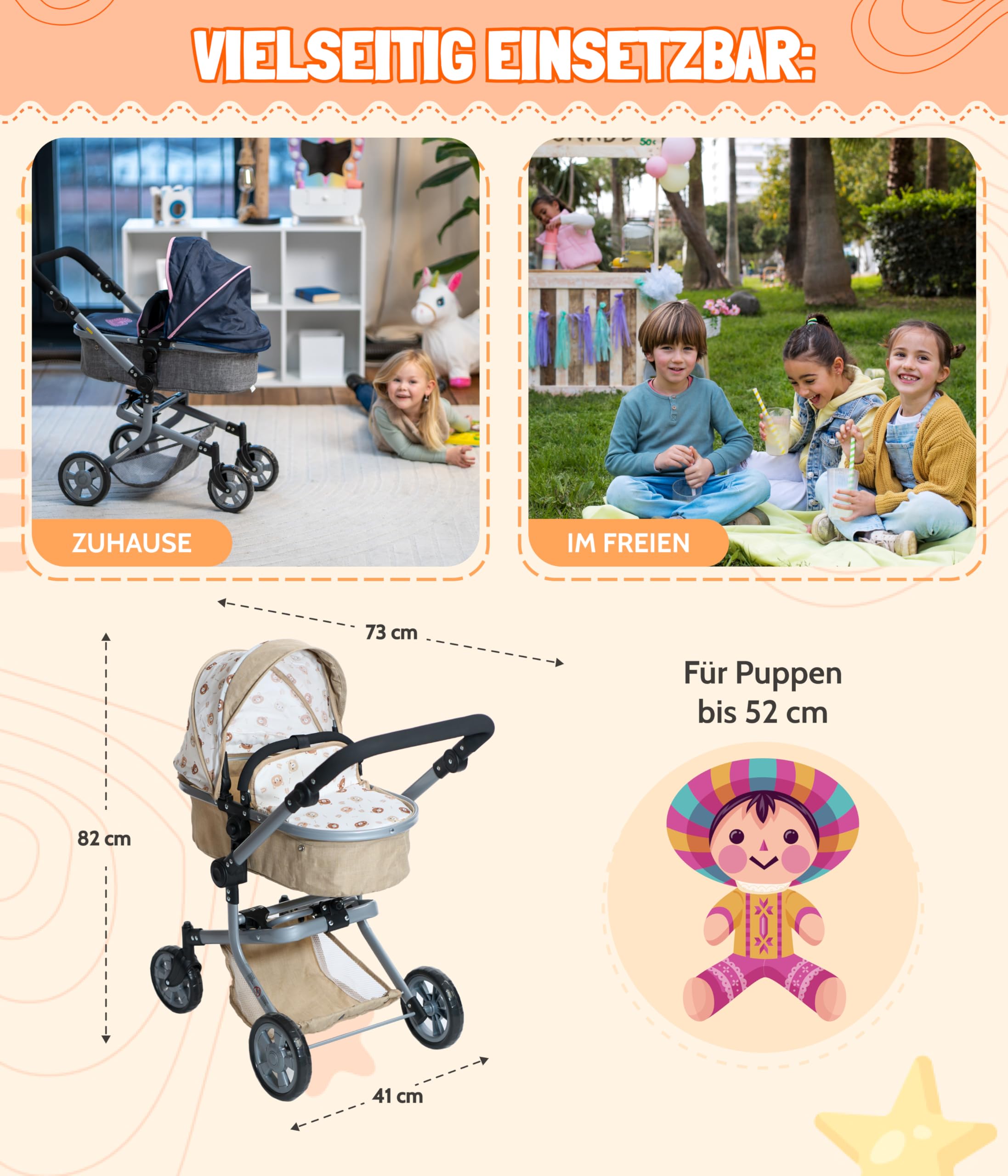 Bayer Chic 2000 Puppenwagen Mika | 2in1 Kombi-Buggy Bärchen Beige | Großer 2in1 Kombi-Puppenwagen mit umwandelbarem Sportsitz für Puppen bis 52 cm. Bärchen Beige, Griff 47-80 cm, ab 3 J.