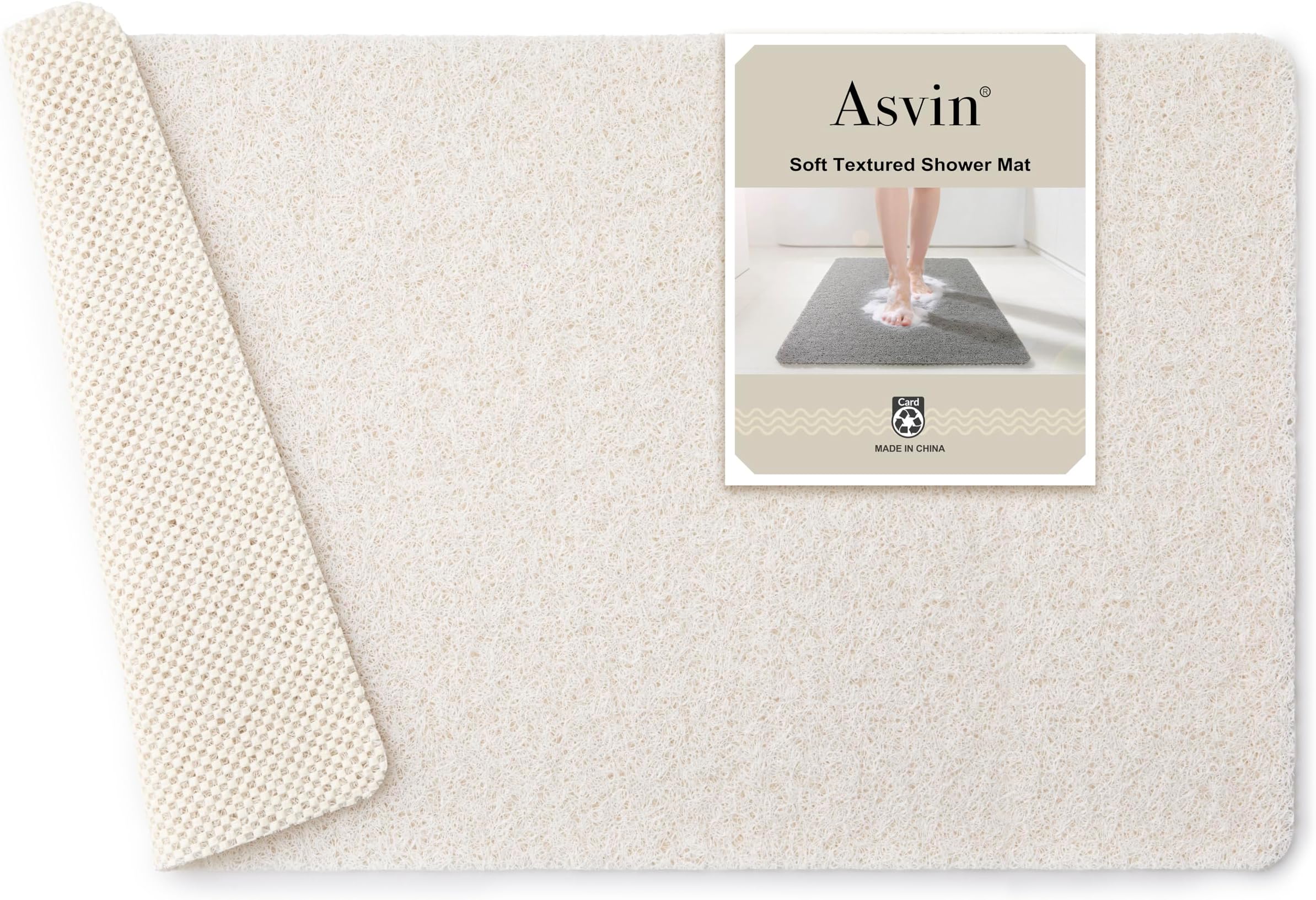 Asvin Soft Textured Bath, Shower, Tub Mat, 24x16 Inch, Phthalate Free, Non Slip Comfort Bathtub Mats with Drain, PVC Loofah Bathroom Mats for Wet Areas, Quick Drying