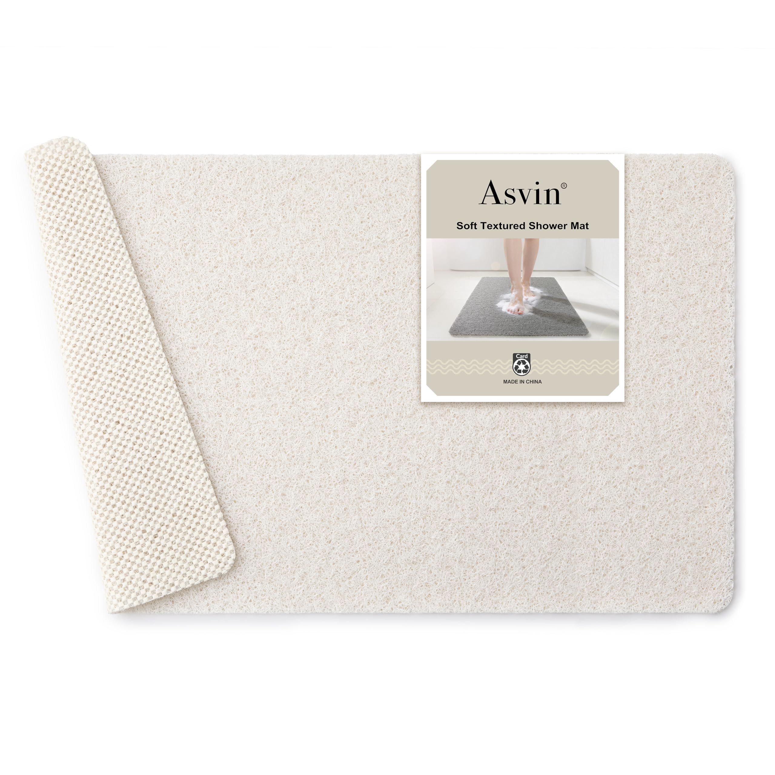 Asvin white Textured Bath, Shower, Tub Mat, 24x16 Inch, Phthalate Free, Non Slip Comfort Bathtub Mats with Drain, PVC Loofah Bathroom Mats for Wet Areas, Quick Drying