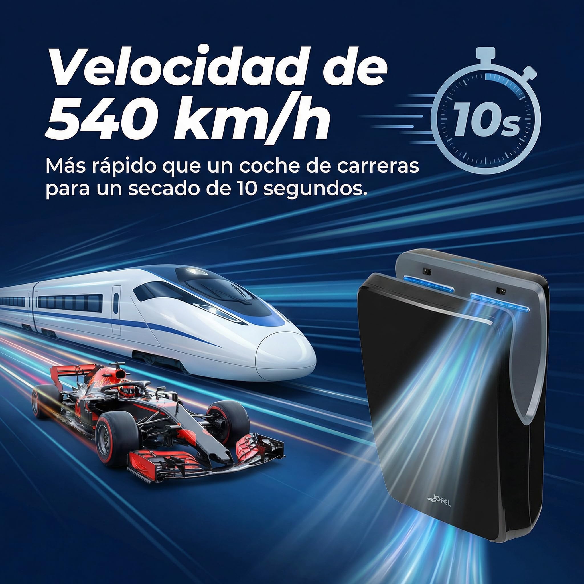 Secador de Manos Comercial Jofel Jet Smart de Alta Velocidad, Cortina de Aire Automática (540 Km/h, 1500W), Montaje en Pared con Filtro HEPA, Carcasa ABS Antibacteriana, Hecho en la UE, Negro Mate