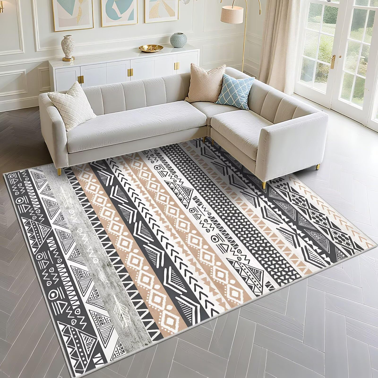 Tapis géométrique vintage gris 130x200cm résistant salon bureau