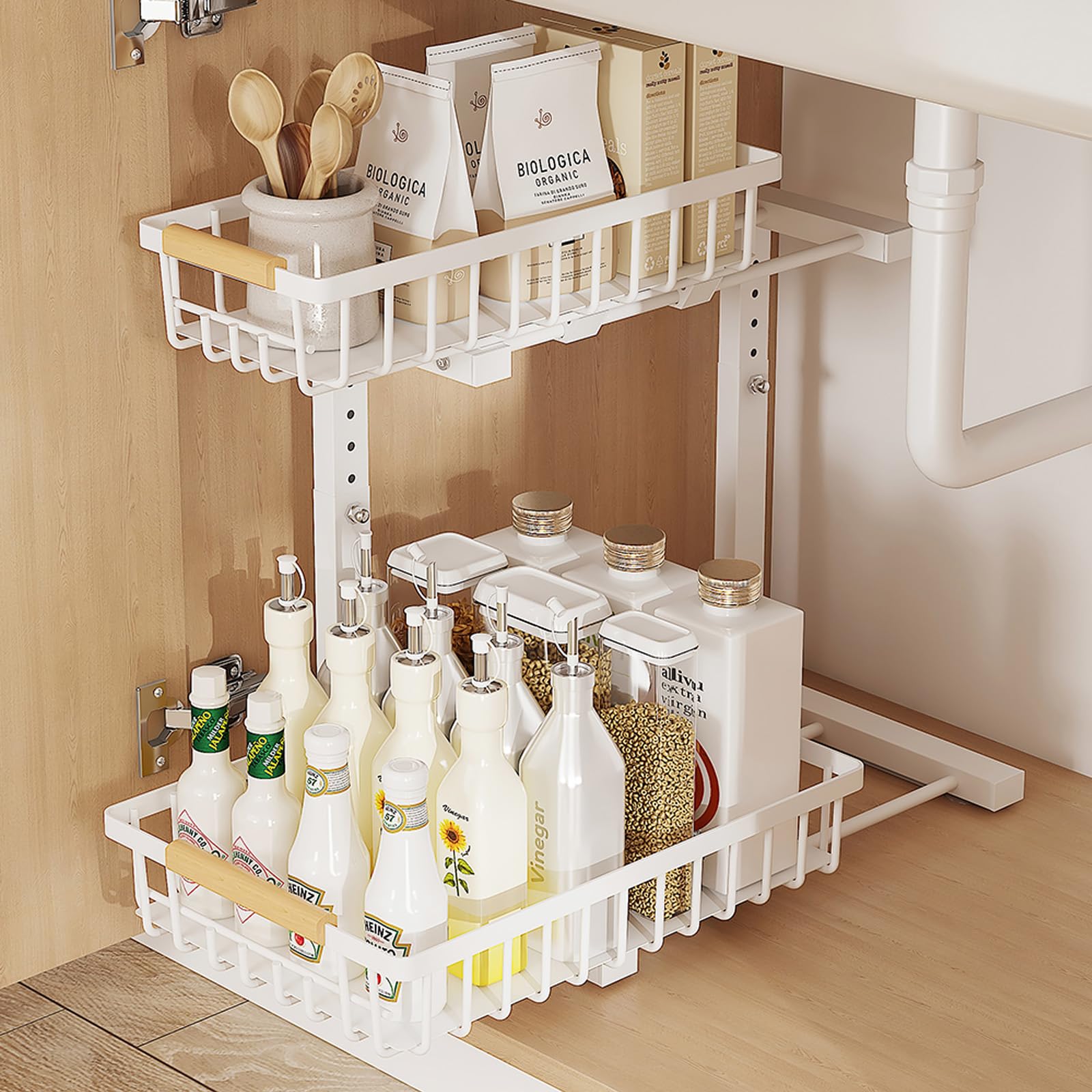 Lot de 2 Rangements sous Evier 2 Niveaux Étagère sous Évier Coulissant avec Hauteur Réglable Porte-épices Métal Tiroir Coulissant pour Cuisine, Salle de Bain, Buanderie (Blanc, 2pack)
