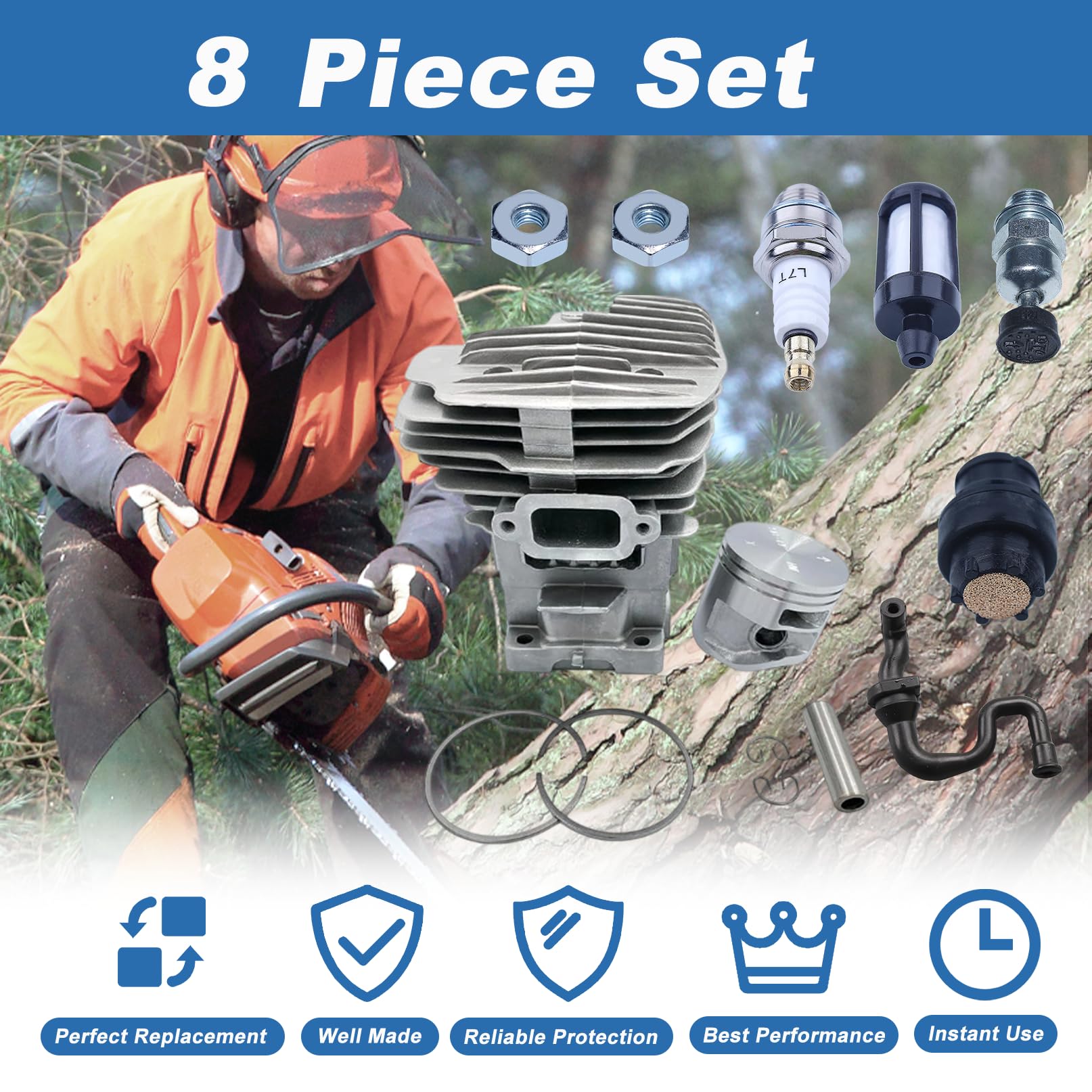 Kit de Cilindro de 49 mm para STIHL Motosierra MS391, con Bujía Válvula de Descompresión, Filtro de Combustible y Respiradero del Depósito de Combustible 1140-020-1204