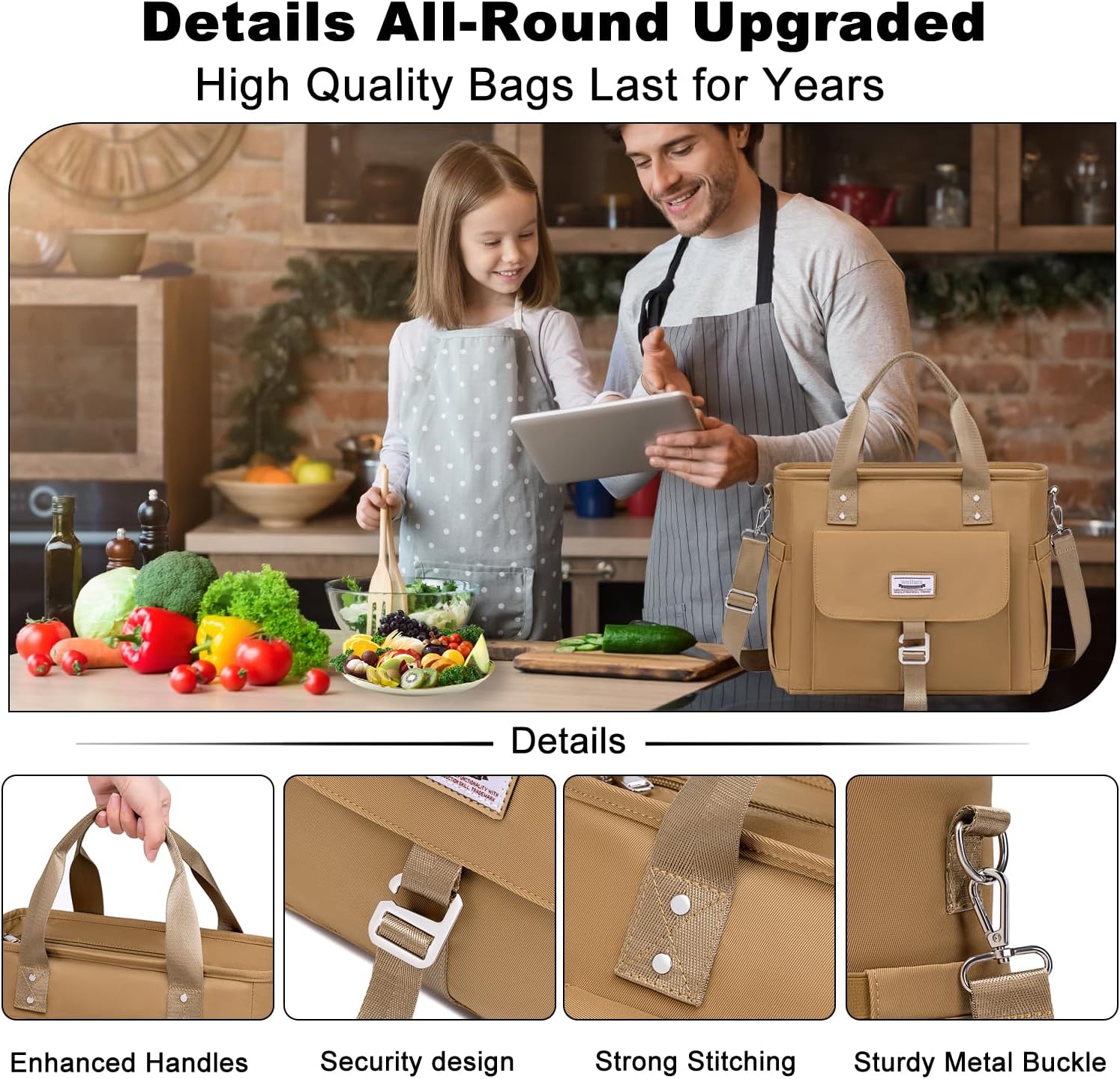 Weitars Insulated Lunch Bag for Men Women,Leak Proof Lunch Box for Work,Extra Large Lunch Tote Bag With Removable Shoulder Strap with Side Pockets,Reusable Lunch Bag For Picnic Hiking (Kakhi) - Image 4