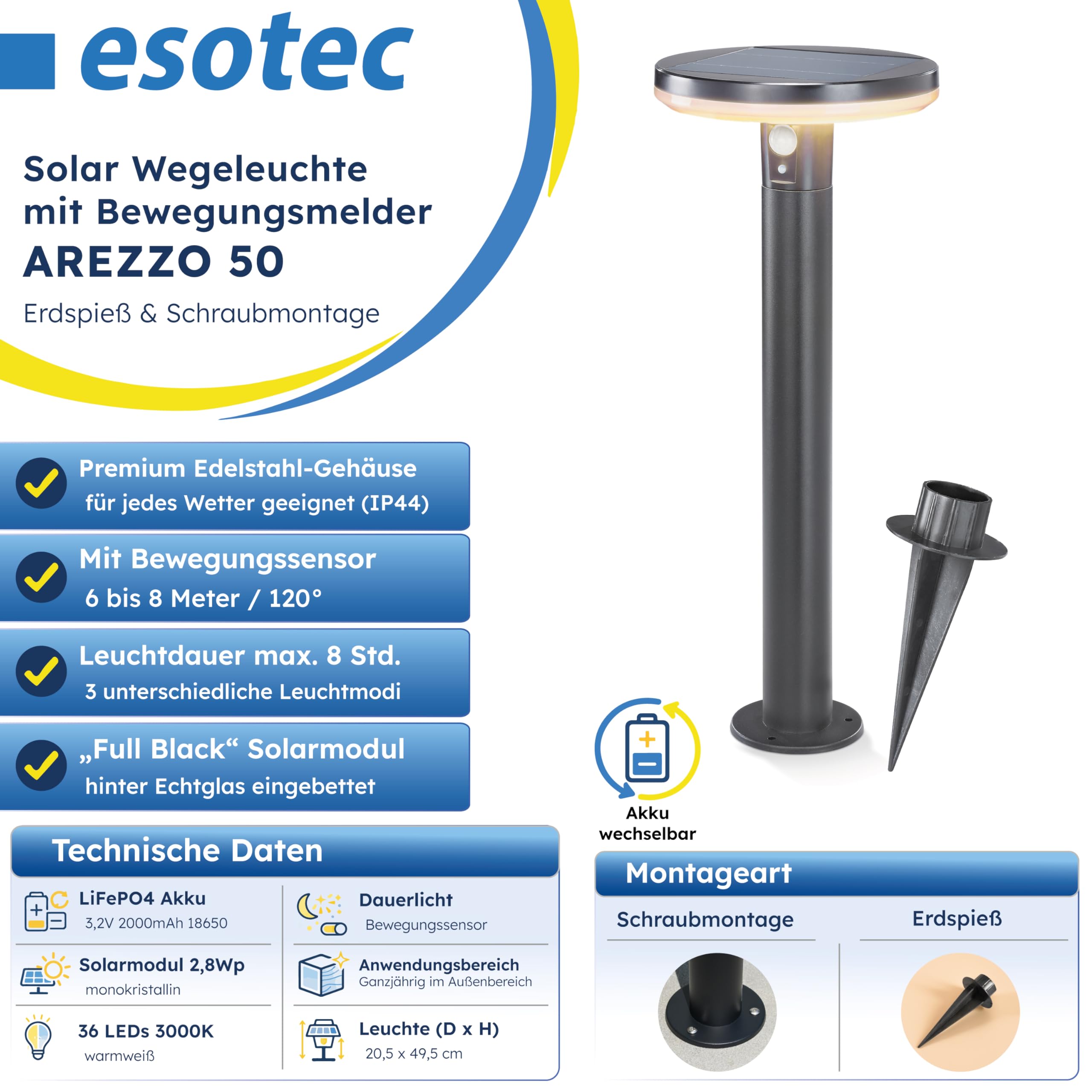 Solaire LED Capteur Borne Lumineuse Arezzo - Couleur de la Lumière 3000K Blanc Chaud - Max. 600 Lm Lichtstrom - D'Autonomie 8 Hauteur - Dimensions 20 X 50 CM - Lampe Lampadaire Détecteur Mouvement