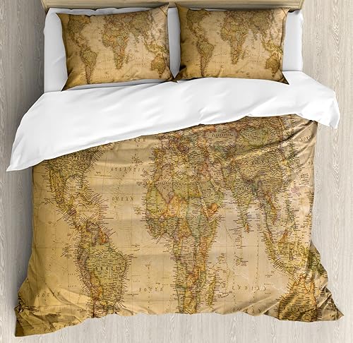 Miniatura 431 de Ambesonne Juego de funda de edredón de brújula, ilustración de mapa del mundo, marinero marítimo, equipo de vida monocromático, juego de ropa